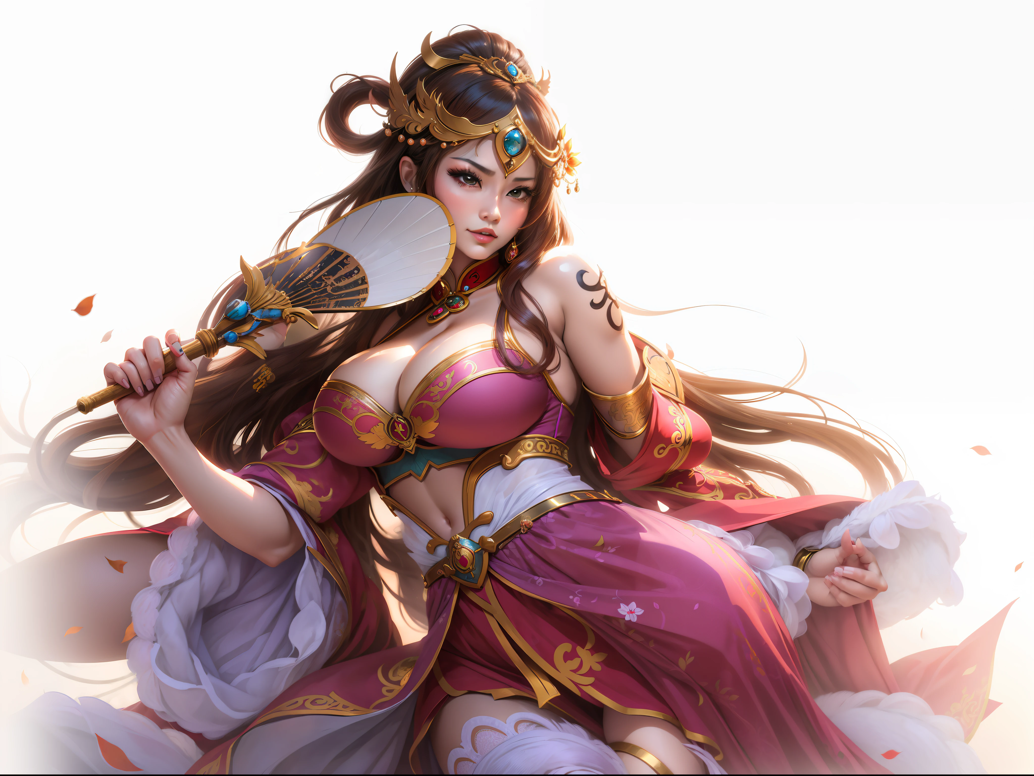 The image of a mink cicada in the Romance of the Three Kingdoms,Raised sexy,long leges,show legs,gigantic cleavage breasts,enchanted,dancing pose,Fan in hand,enchanting,seduce,tmasterpiece,HighestQuali,Highest high resolution,Taoyuan background