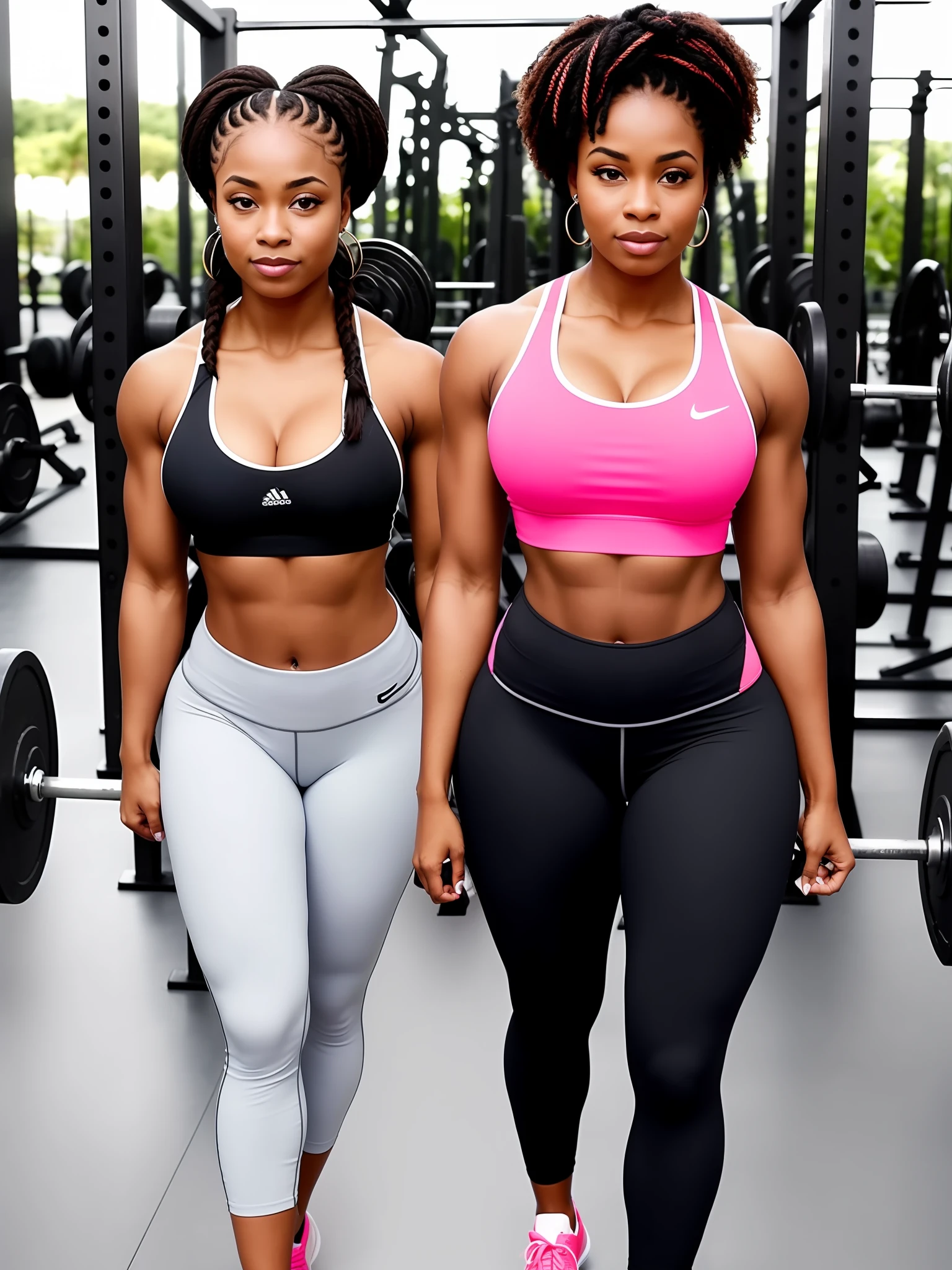 "Photo of a black woman with athletic body, e seiosdes, wearing gym clothes and braids in her hair."