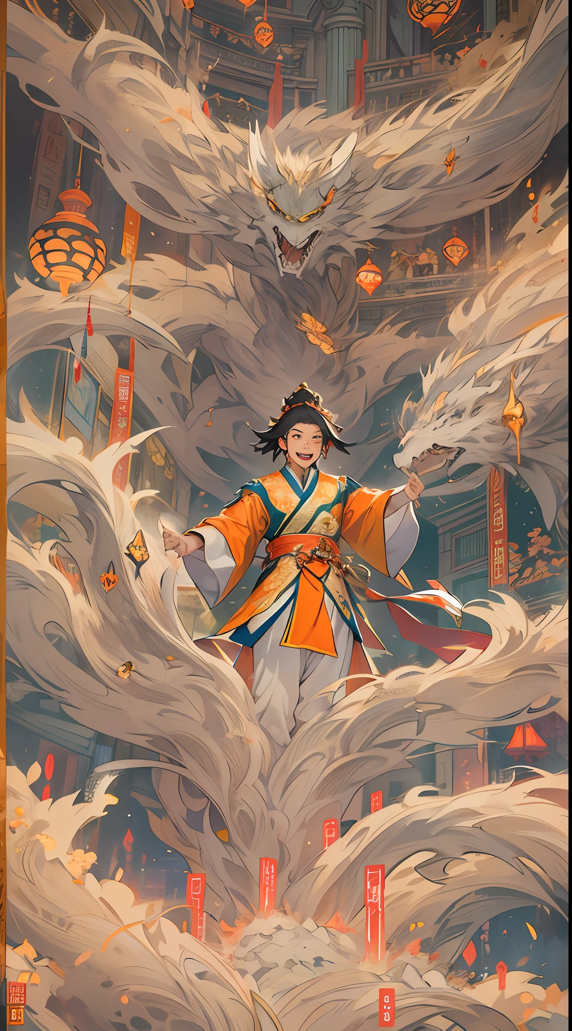Members of the Ling Shan group cheering and jumping with excitement and joy. Li Gu stands under a radiant pillar of light, surrounded by a mysterious glow. His power is constantly growing, and the air around him seems to be tense. , 32k, best quality, masterpiece, super detail, high details,