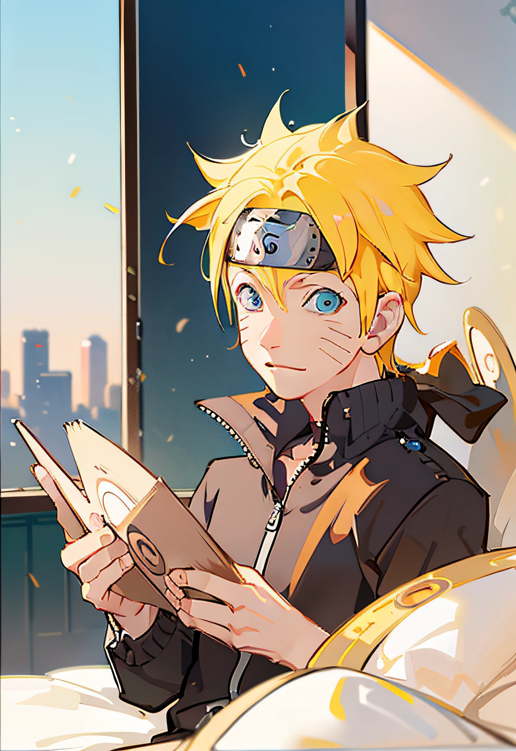 uzumaki naruto, 1boy,male focus, masterpiece, best quality,(portrait,close up), looking at viewer,shadow and light, blurry foreground,konohagakure symbol,  indoor,water drop, blue eyes, on the bed, gentle light smile,