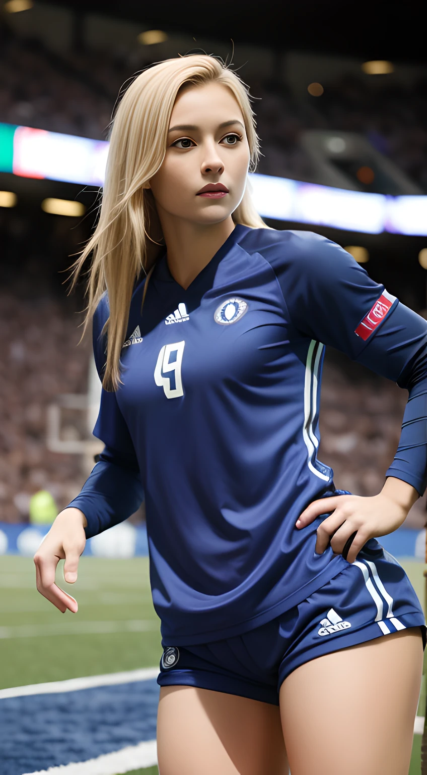 Realistic photo, female football player, blonde, stamford bridge arena, football game, crowed arean