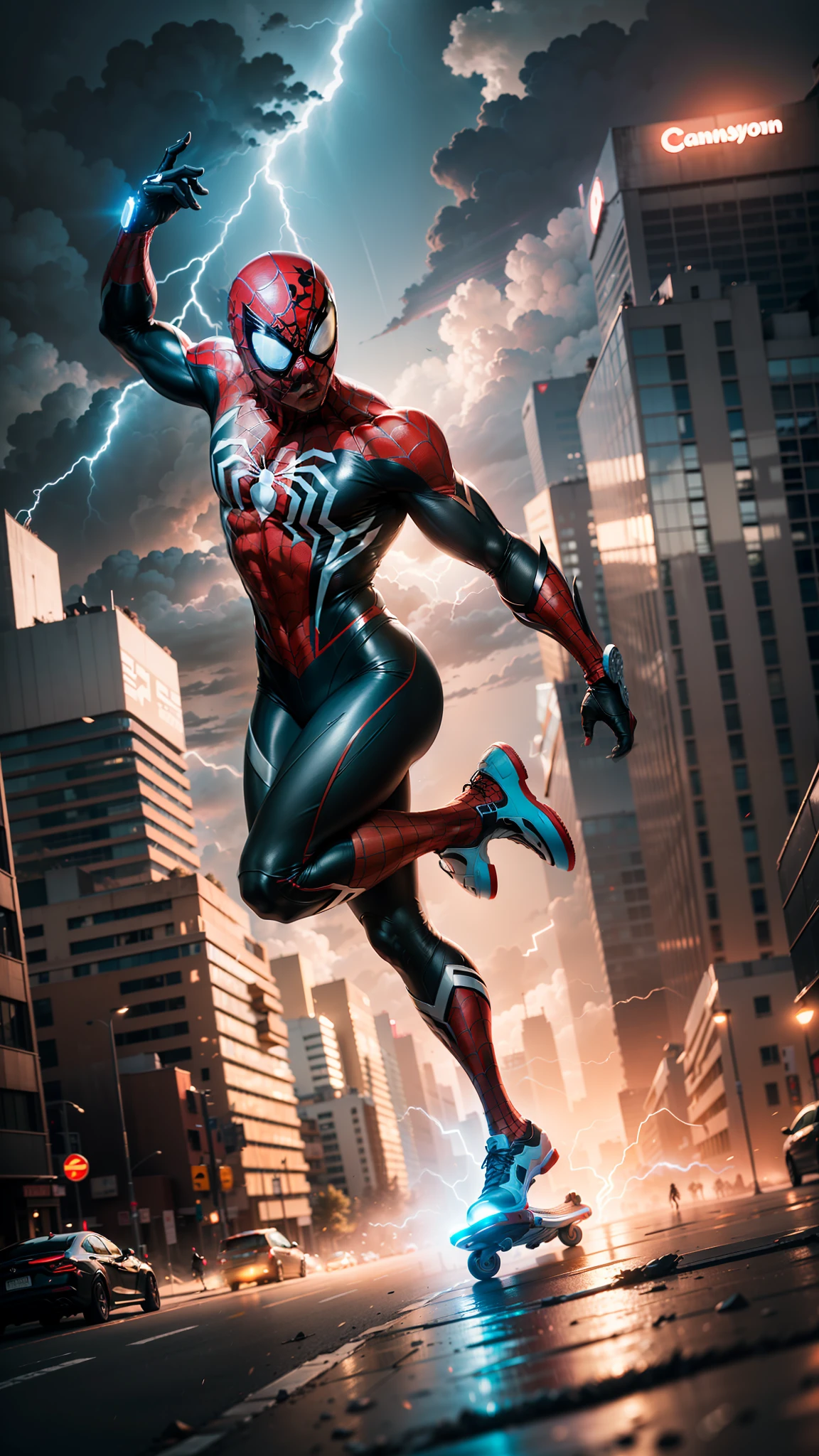 A black African man flying on a hover board like the recent  movie "spider man across the verse", bunt his facial mask is off, day, light, dramatic background, blue sky’s, clouds like star fish, cyber buildings. Full body, best style. the background, lightning, extremely detailed,colorful,highest detailed, (dynamic pose), shiny skin, abstract background,(masterpiece) (perfect proportion)(realistic photo)(best quality) (detailed) photographed on a Canon EOS R5, 50mm lens, F/2.8, HDR, (8k) (wallpaper) (cinematic lighting) (dramatic lighting) (sharp focus) (intricate)