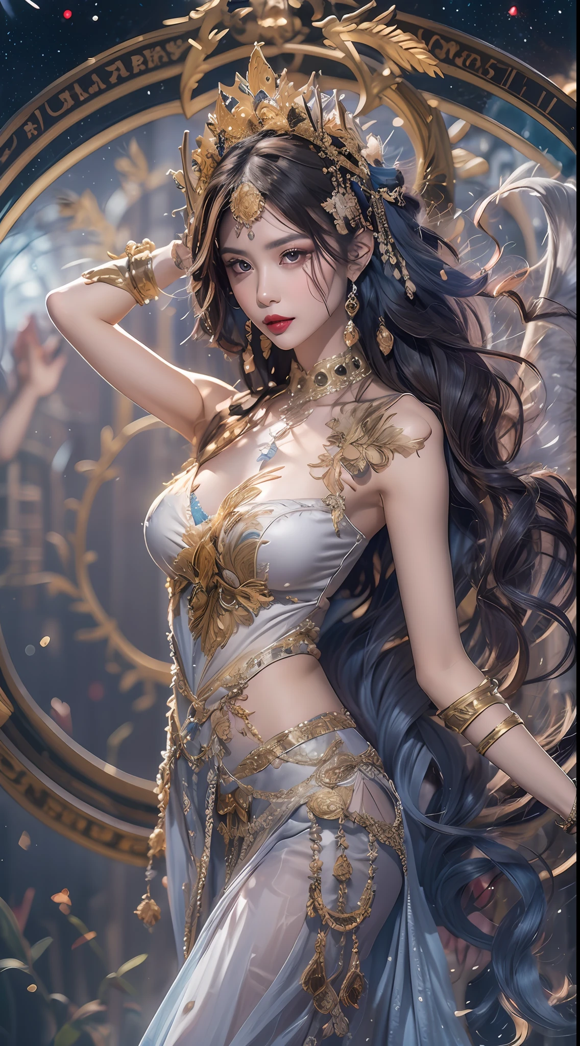 1 zodiac goddess from the future, wearing a thin silk dress, the goddess of the palace is beautiful, the goddess of the zodiac is wearing a colorful thin silk dress with sexy white and black lace trim, the goddess gives off a bow aura vibrant purple-pink zodiac, the stars have the shapes of the 12 zodiac, the goddess of the zodiac in a thin silk dress the golden zodiac with many black details, the mythical goddess of the 12 zodiac , zodiac ♏, royal zodiac style, dark and mysterious version, Full breasts, big and round breasts, well-proportioned and beautiful red lips, character by karol bak and pino daeni, intricate details, detailed background, many background objects, extremely detailed, magic light, a woman, long hair dyed in seven colors and neatly tied up, mold the face is clearly drawn without scars, the face is beautiful and the eyes are proportionate, the red lips are pretty and attractive, the eyes are big and round and the makeup is very beautiful and detailed, far focus, thin silk dress ,page hair jewelry, neck jewelry, dress jewelry, arm and thigh jewelry, goddess leg jewelry, mystical jewelry, zodiac goddess portrait, (upper body of zodiac goddess: 1.8), wings loose arms, sexy and seductive zodiac goddess, (space: 1.8), (galaxy: 1.7), aurora, lightning, (aurora background: 1.8 ), beautiful eyes, beautiful eyes photo , the goddess of beauty and flowers,