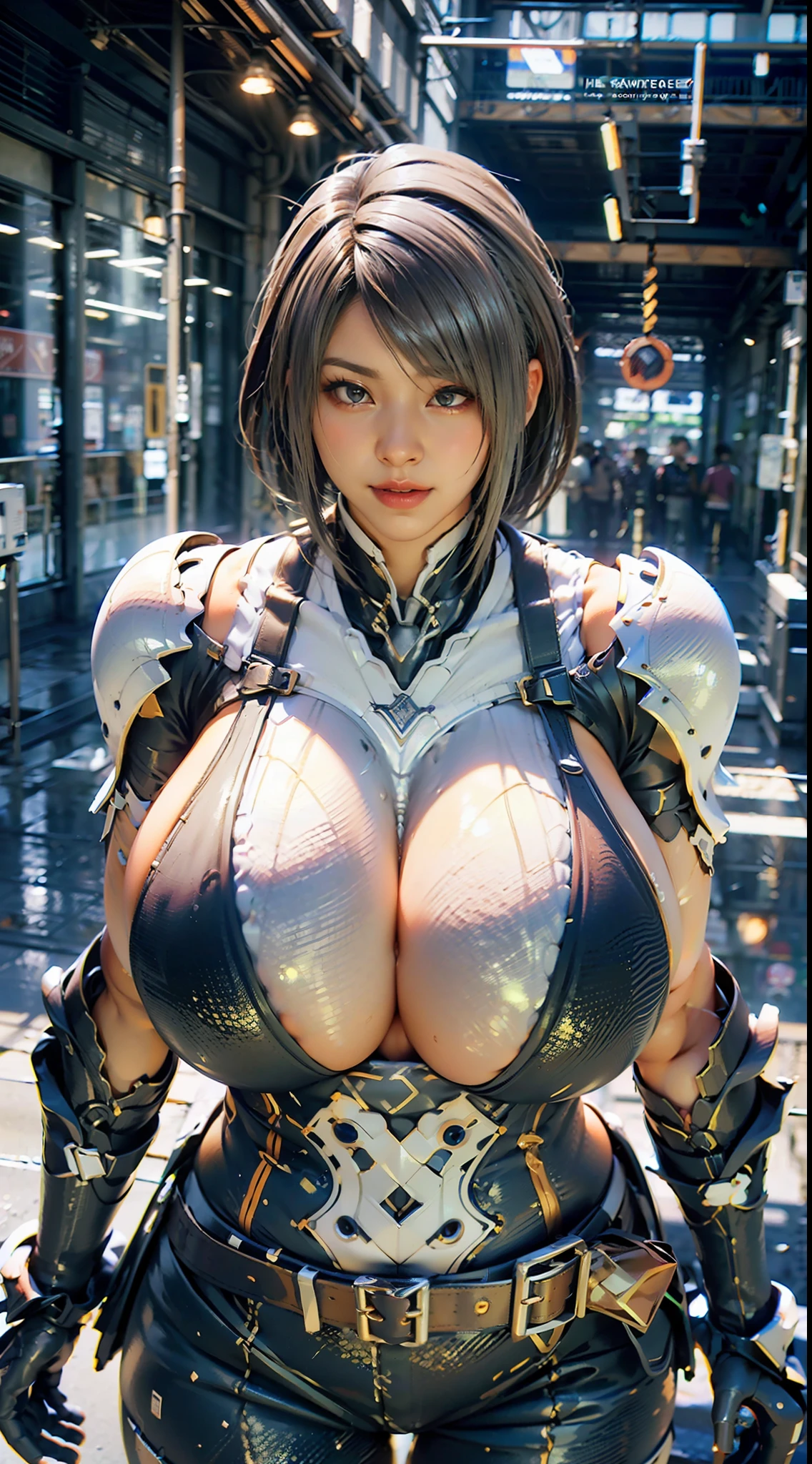 ((Unreal Engine 5)), Realistic Rendering, Excellent, Full armor, knight Cloak, helm, (Yoga hotpants), looking on camera, sexy posing walking down on street, beautiful face, makeup, CGImix, (photorealism:1.2), ultrarealistic uhd face, (huge fake boobs:1.4), (gigantic breasts:1.1), (muscle abs), (big butt), (wide hips), (thick thighs), slim waist, hourglass figure, half body, ((glowing skin)), ((shiny skin)), Realistic body, ((she is sexy body)), ((clean skin)), photorealistic, bokeh, motion blur, masterpiece, highres, 1080P, super detail, textured skin