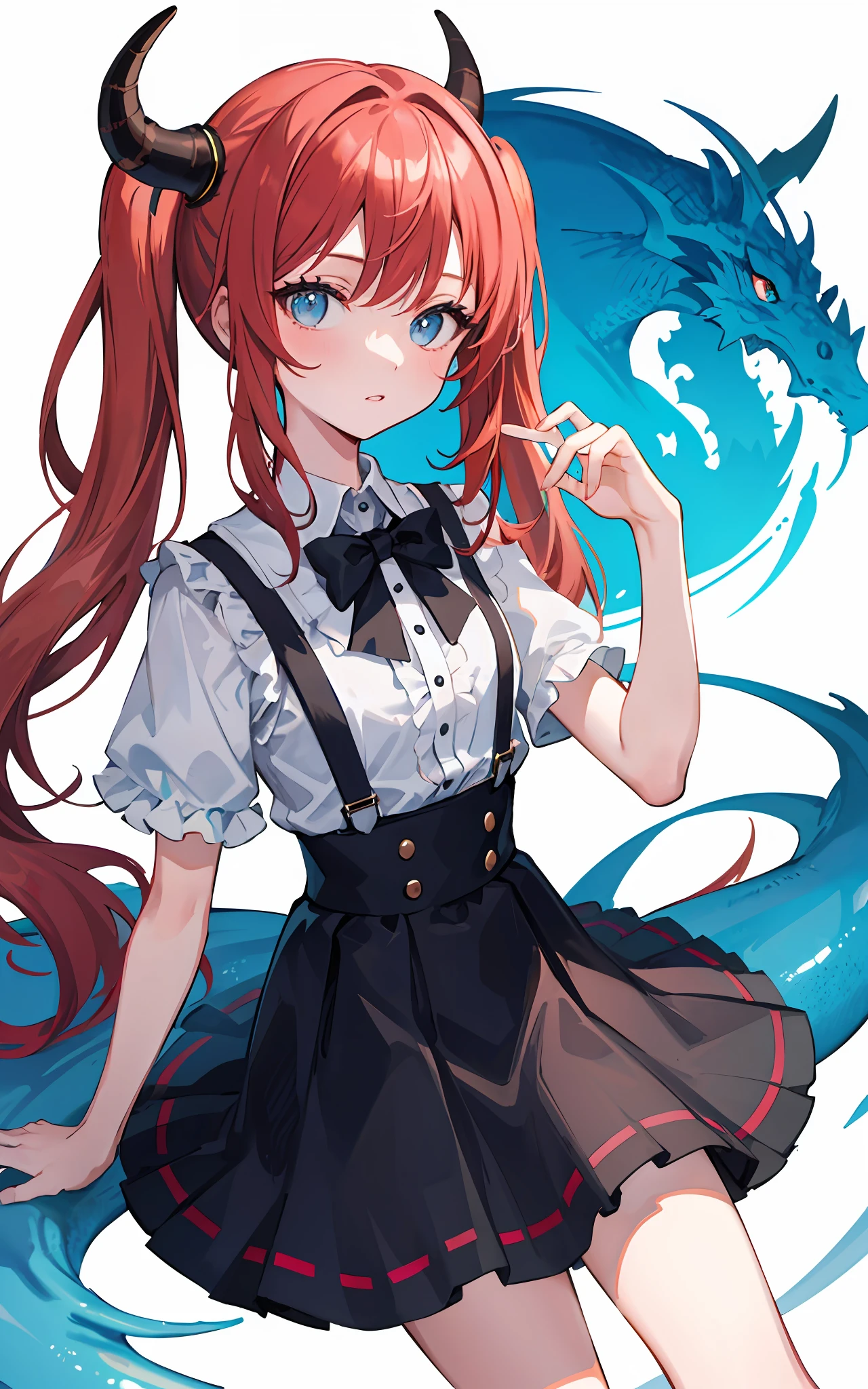 {{best quality}}, {{masterpiece}}, {{ultra-detailed}}, {illustration}, {detailed light}, red hair,blue eyes,twintails,ta,Suspenders skirt,Fantastic,lolio,Dragon horns,little gir,