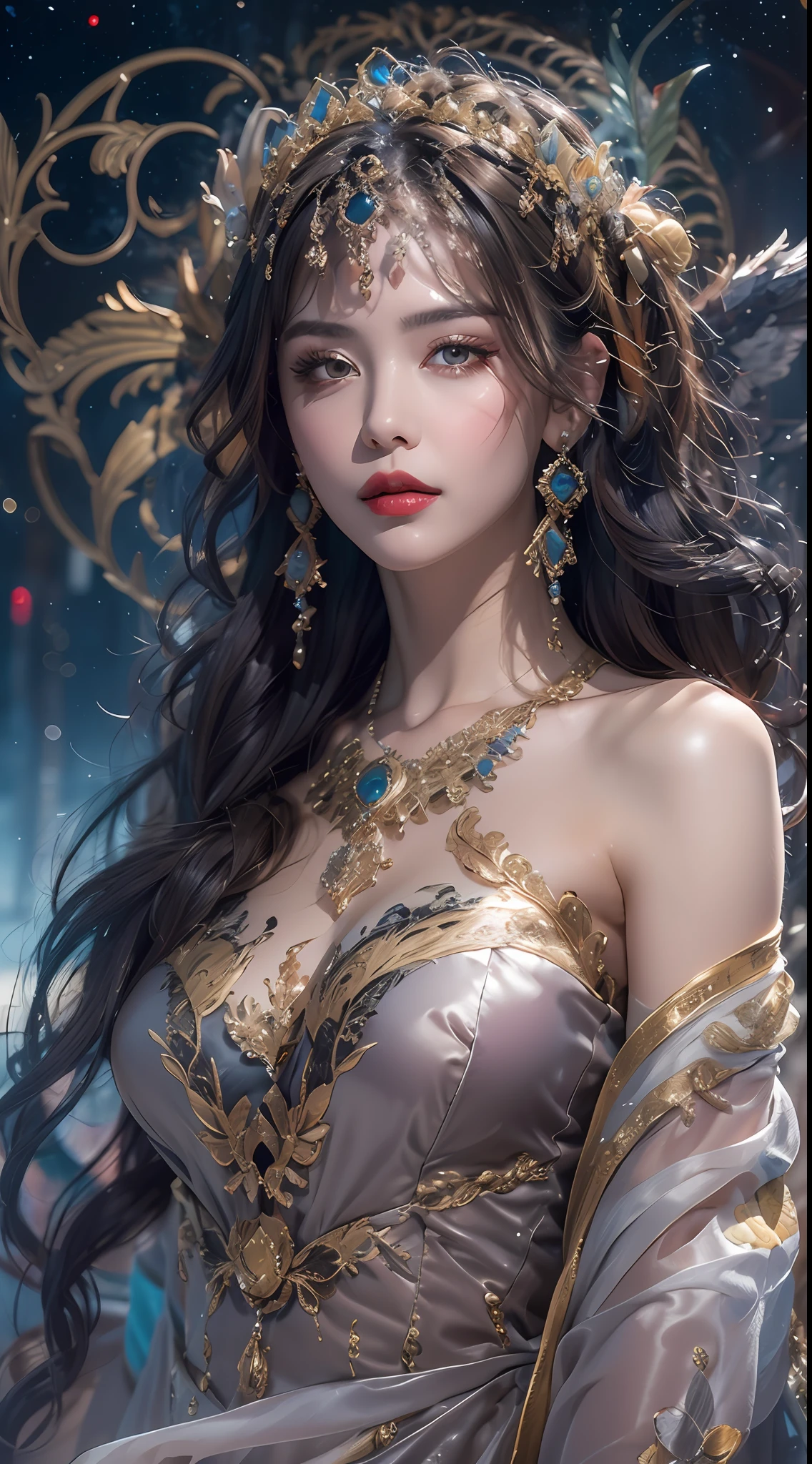 1 zodiac goddess from the future, wearing a thin silk dress, the goddess of the palace is beautiful, the goddess of the zodiac is wearing a colorful thin silk dress with sexy white and black lace trim, the goddess gives off a bow aura vibrant purple-pink zodiac, the stars have the shapes of the 12 zodiac, the goddess of the zodiac in a thin silk dress the golden zodiac with many black details, the mythical goddess of the 12 zodiac , zodiac ♏, royal zodiac style, dark and mysterious version, Full breasts, big and round breasts, well-proportioned and beautiful red lips, character by karol bak and pino daeni, intricate details, detailed background, many background objects, extremely detailed, magic light, a woman, long hair dyed in seven colors and neatly tied up, mold the face is clearly drawn without scars, the face is beautiful and the eyes are proportionate, the red lips are pretty and attractive, the eyes are big and round and the makeup is very beautiful and detailed, far focus, thin silk dress ,page hair jewelry, neck jewelry, dress jewelry, arm and thigh jewelry, goddess leg jewelry, mystical jewelry, zodiac goddess portrait, (upper body of zodiac goddess: 1.8), wings loose arms, sexy and seductive zodiac goddess, (space: 1.8), (galaxy: 1.7), aurora, lightning, (aurora background: 1.8 ), beautiful eyes, beautiful eyes photo , the goddess of beauty and flowers,