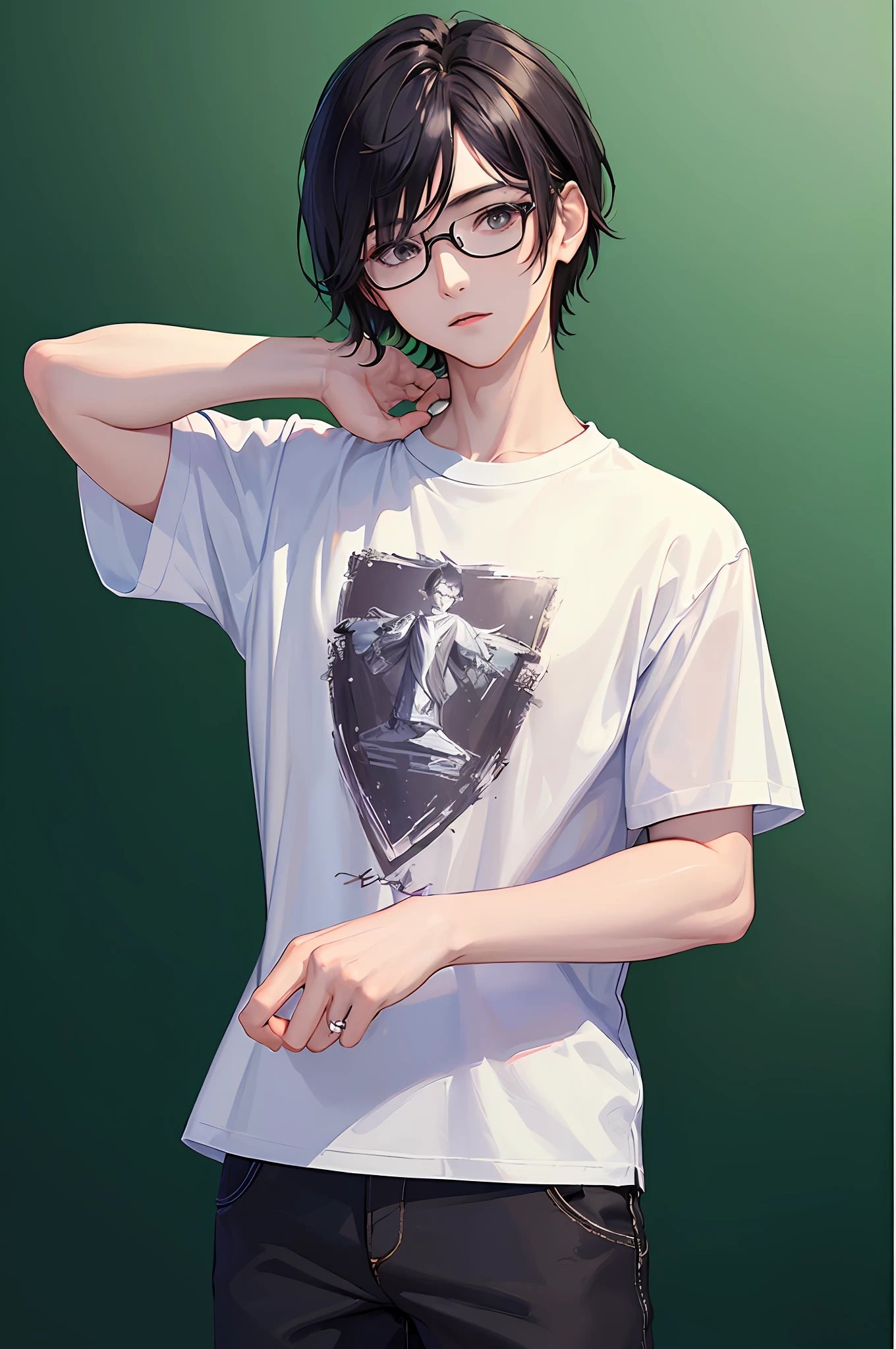 (((masterpiece、top-quality、top-quality、Official art、Beautifully Aesthetic:1.2)))、(1 boy:1.3)、eye glass、Black short sleeves、Plain T-shirt、Hats、ighly detailed、highestdetailed、A dark-haired、(shinny skin)、a little muscle