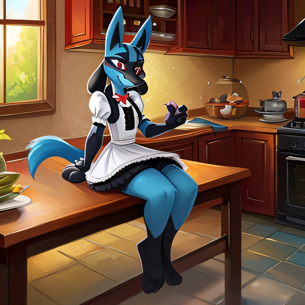 8k, ((masterpiece)),best quality, (max quality),high resolution,high details,max details,detailed background,detailed clear eyes and pupils,lucario, (sits on the table with legs dangling), maid uniform,kitchen, by smitty g, by pino daeni