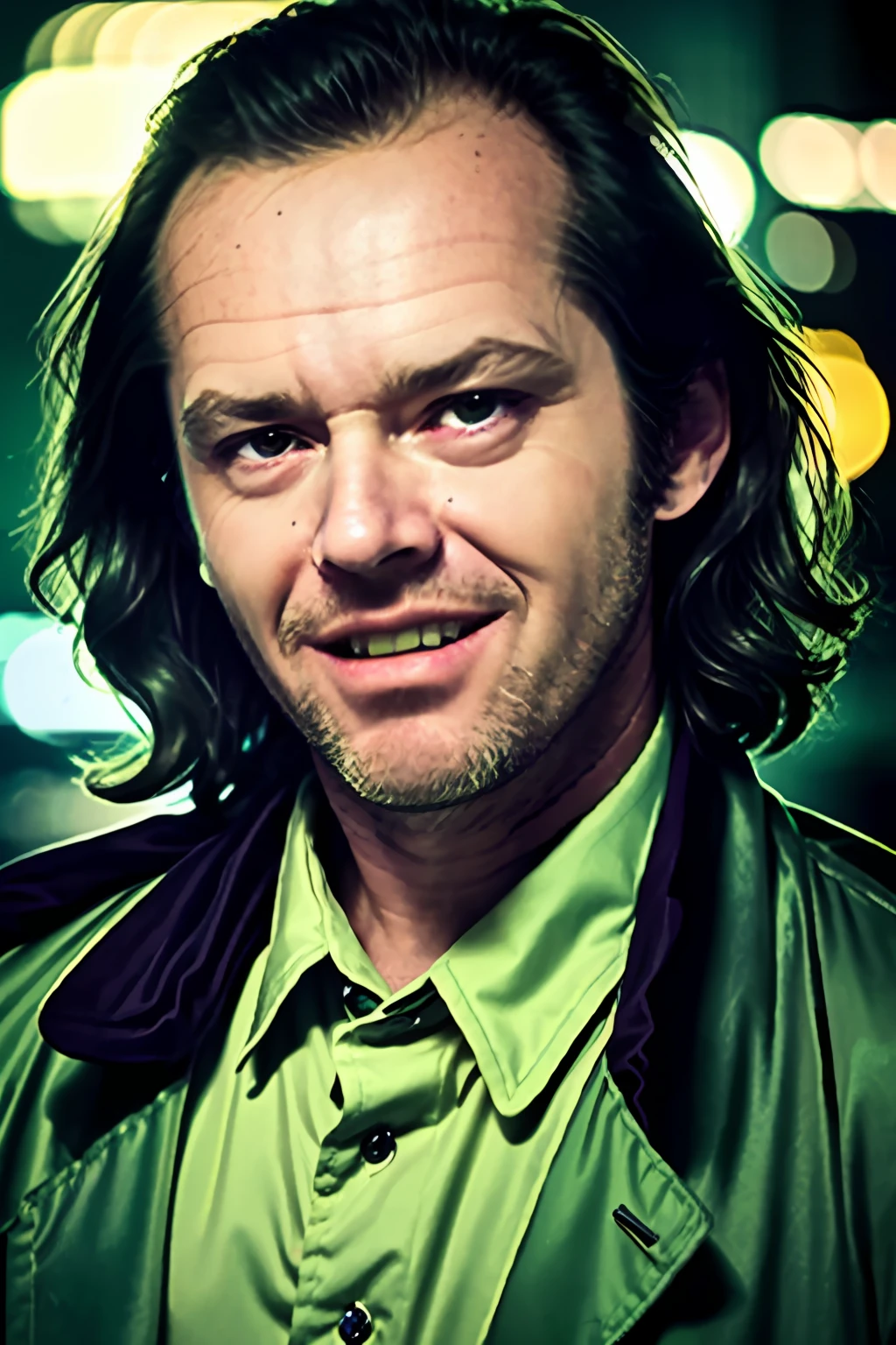 modern movie scene, [RAW:0.1] HD, photo of a man:1.1 natural skin, shoulder length hair, (crooked detective, evil smile), outside at night, dramatic pose, dark street at night, downtown at midnight, green jacket, purple shirt, bokeh, (green neon lights), highly detailed skin, (candid, amateur:1.1), [joker makeup], downtown new york