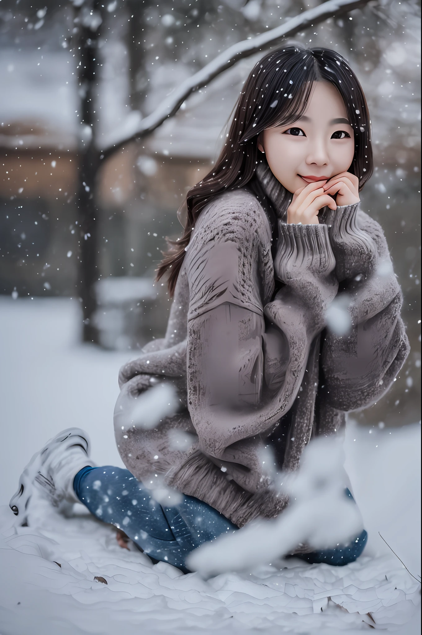 realistic photos of 1 cute Korean female, medium hair, thin makeup, medium breasts size, slightly smile, wearing sweater, kneeling on the snow, snowfall, blurry foreground, overexposure, motion blur, cinematic lighting, UHD, 16k --auto --s2