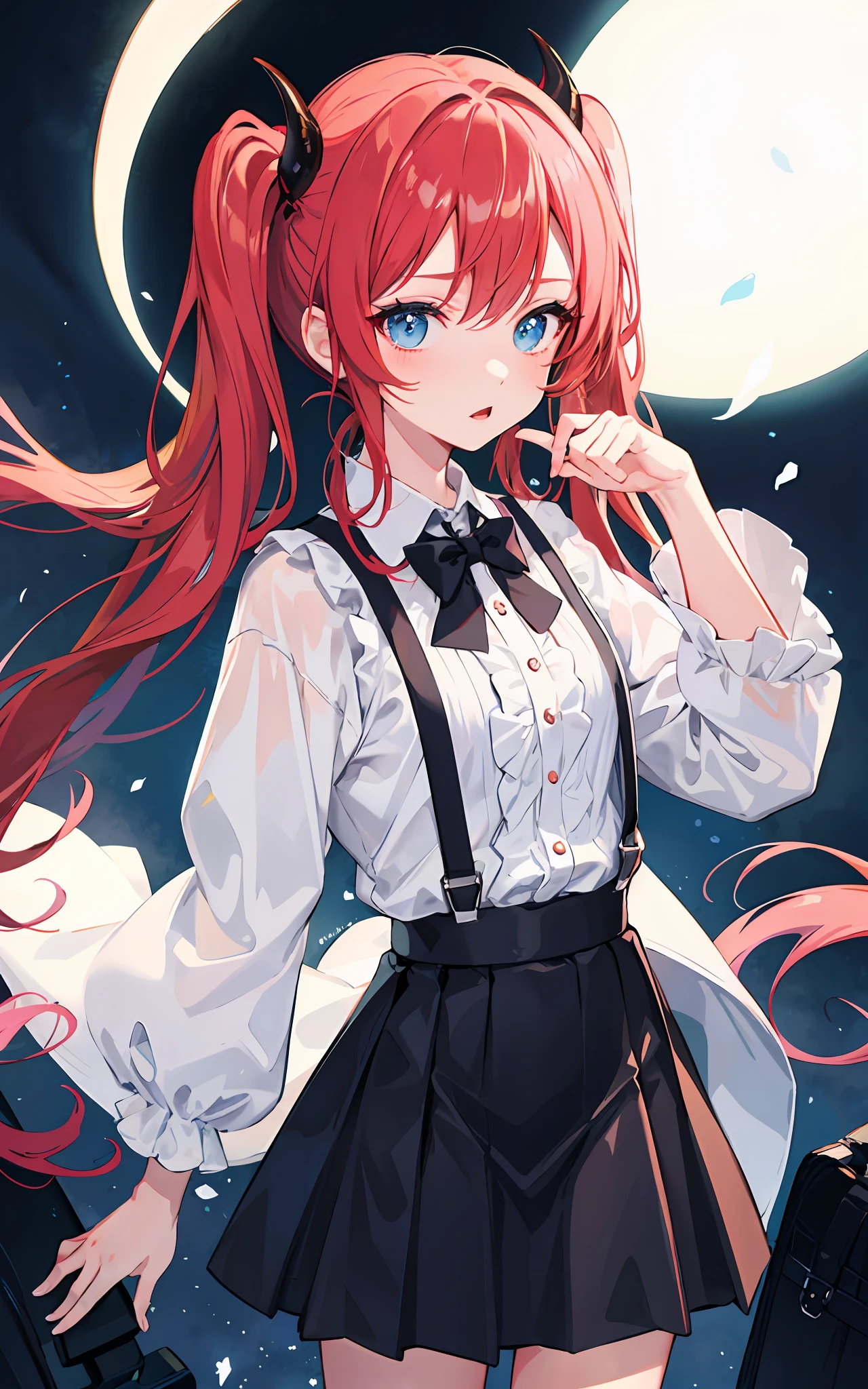 {{best quality}}, {{masterpiece}}, {{ultra-detailed}}, {illustration}, {detailed light}, red hair,blue eyes,twintails,****ta,Suspenders skirt,Fantastic,****,solo,Dragon horns,***********,long hair,