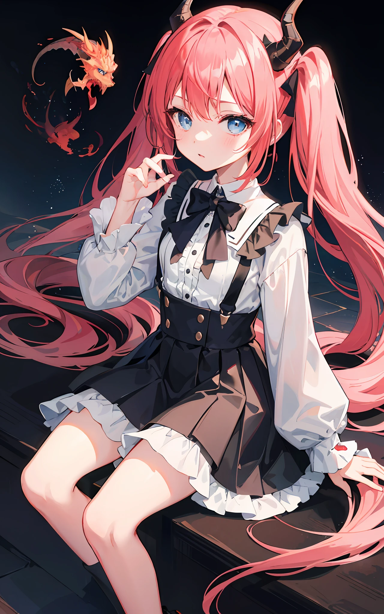 {{best quality}}, {{masterpiece}}, {{ultra-detailed}}, {illustration}, {detailed light}, red hair,blue eyes,twintails,lolita,Suspenders skirt,Fantastic,loli,solo,Dragon horns,little girl,long hair,