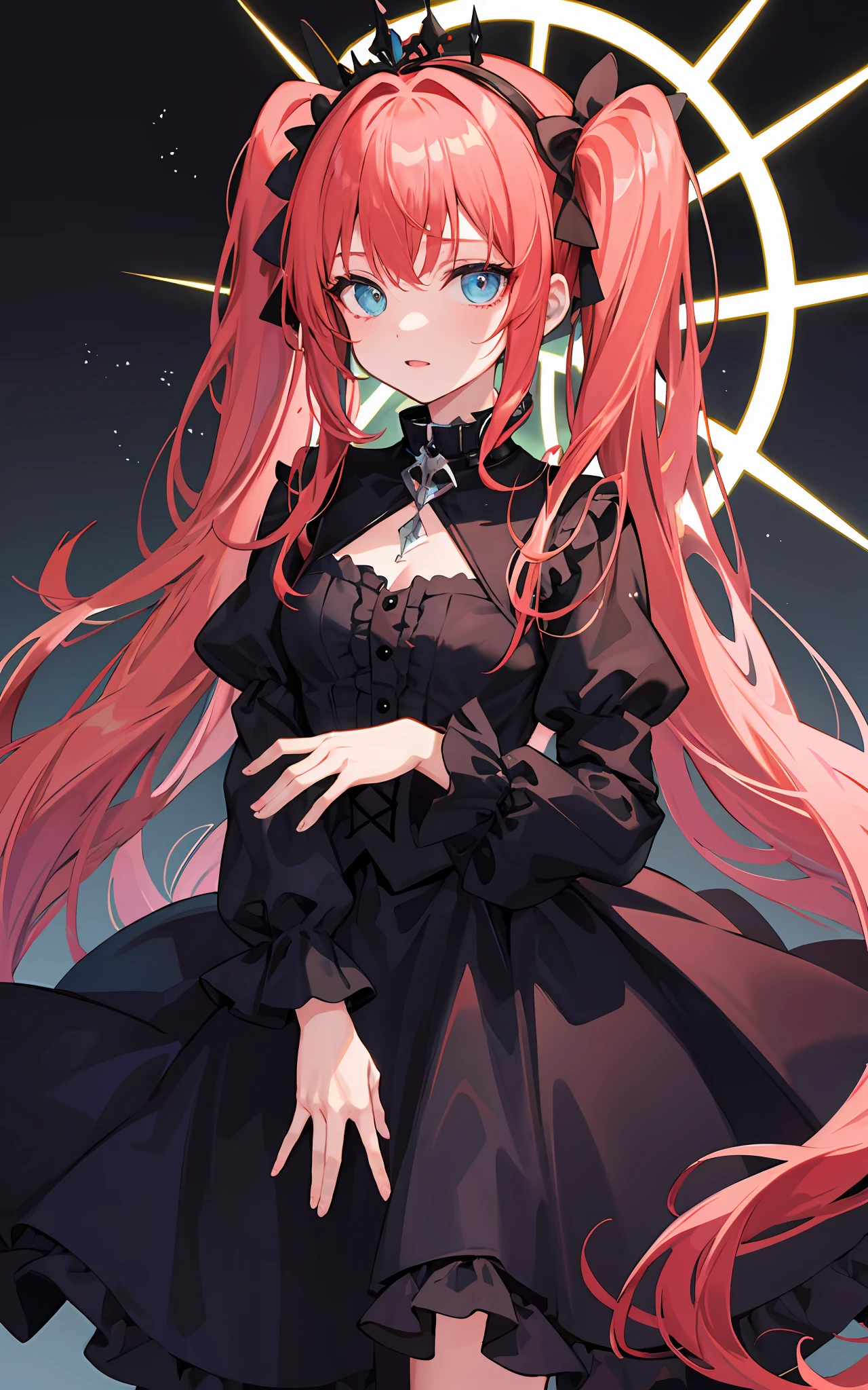 {{best quality}}, {{masterpiece}}, {{ultra-detailed}}, {illustration}, {detailed light}, Red hair, Blue eyes, twintails, Goth Lolita, Darkgoth, Collar,Crown tiara,pride,solo,loli,Long hair, halo