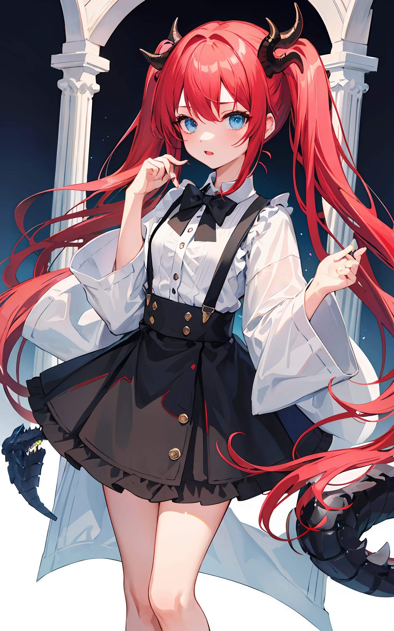{{best quality}}, {{masterpiece}}, {{ultra-detailed}}, {illustration}, {detailed light}, red hair,blue eyes,twintails,,Suspenders skirt,Fantastic,loli,sDragon horns,little gir,
