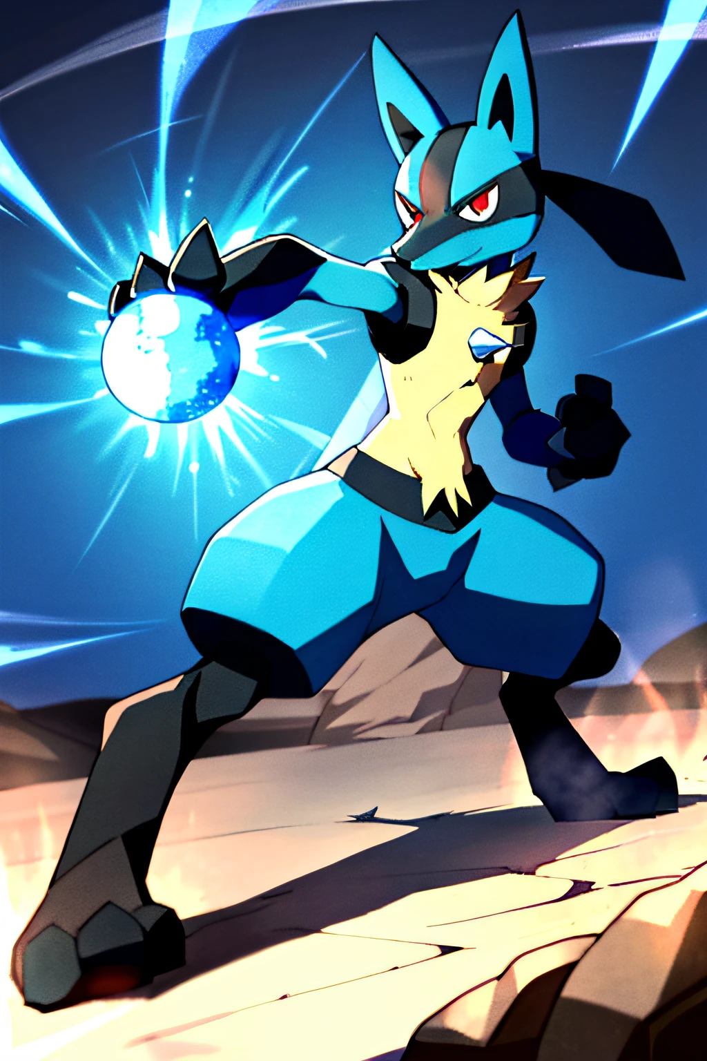 lucario, red eyes,  attack stance, casting a blue energy ball, detailed, professional lights, spikes, anime, centered, outside, cave,  blue fur, wolf, medium muzzle, ((sparks around body))