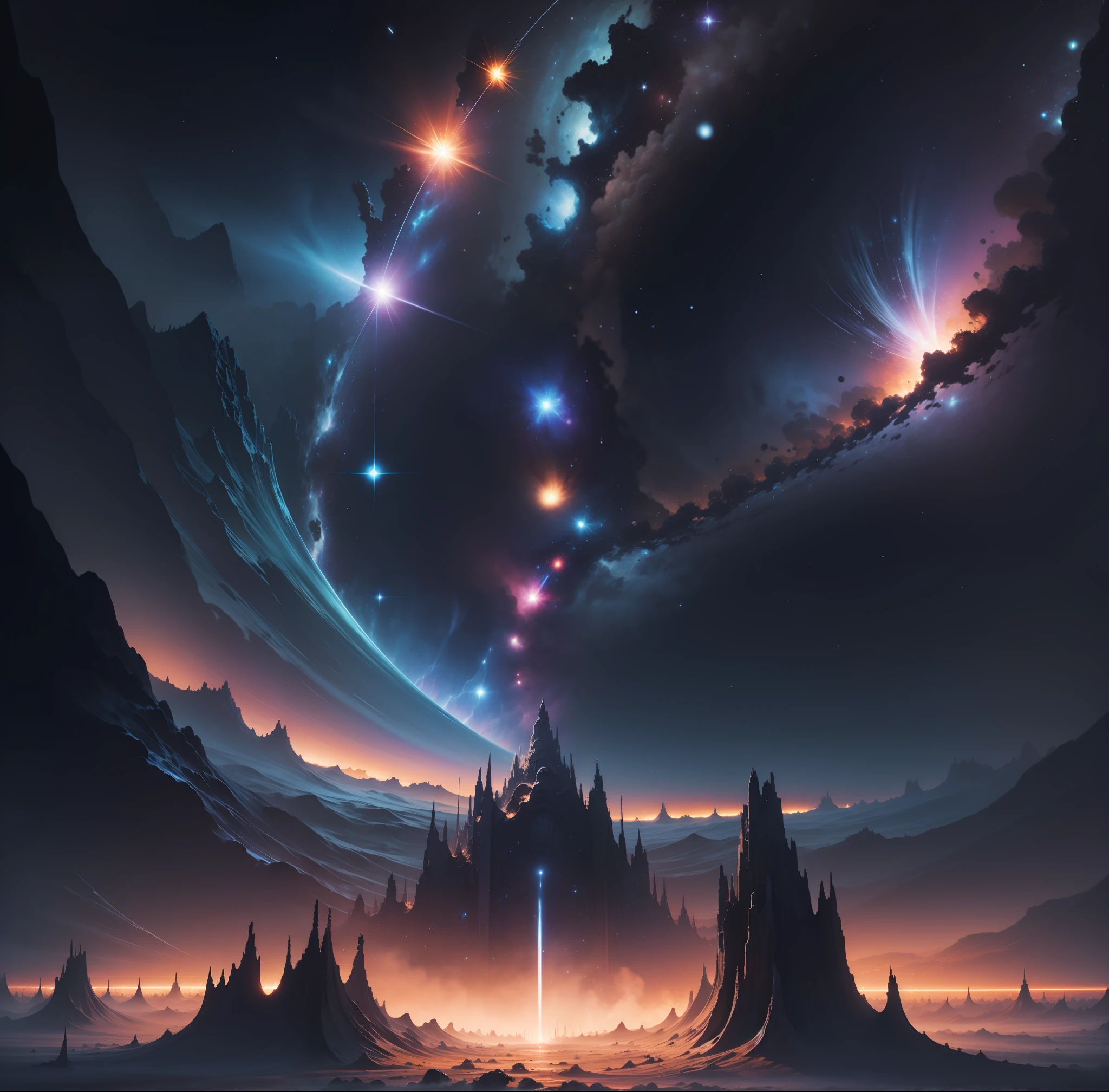 Anthills on the Tadis dimension, Observe the infinite length of the universe, Endless galaxies, Dangerous black holes, Exploding supernova, Floating stars, Endless stairs, starry Nebula, Disturbing, Cinematic atmosphere, Negative dark mode, ...