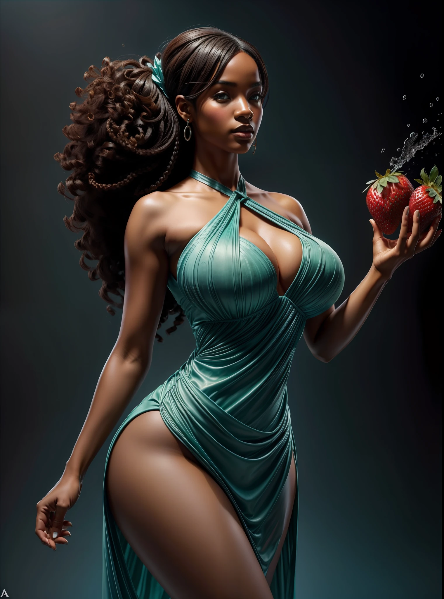 Ebony woman,(cabelo cacheado), (((com uma coroa na cabeca))) , blast, chapinhar, A cup of strawberry, cores frias e quentes, fechar para cima, Rainbow is splashing radially, Centralizado, perfect compositio, Estilo Vogue, fotografia de comida criativa, softbox, trending on art station, foco nítido, Studio photo, detalhes intrincados, altamente detalhado, Por Greg Rutkowski, capa de revista de moda, vestido cor de jade,(massive , corpo atraente), retrato de corpo inteiro