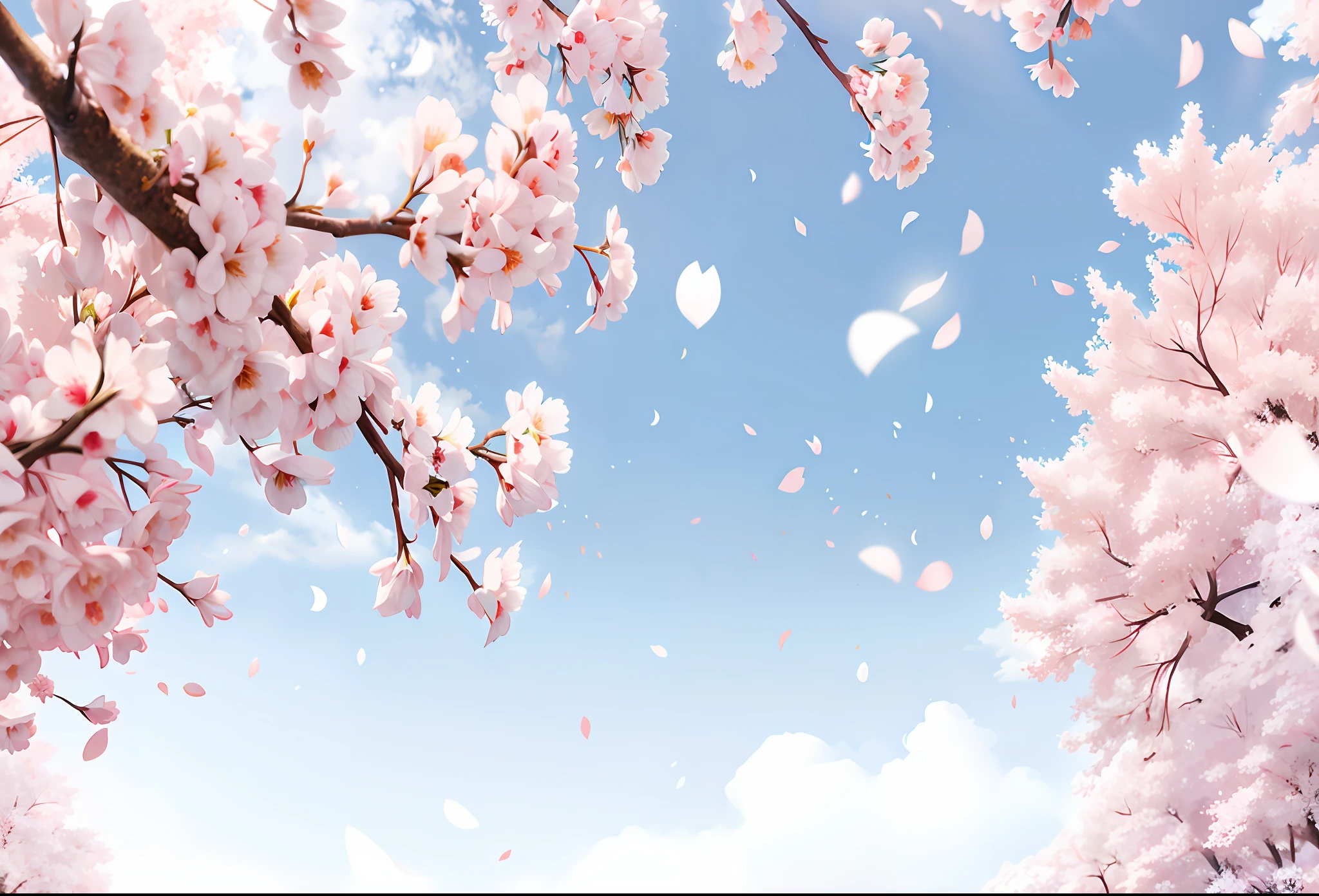 There are many pink flowers flying in the air, cherry blossoms falling, falling cherry blossom pedals, falling cherry blossoms pedals, cherry blossoms in the wind, Cherry blossom petal, sakura petals around her, sakura season, with petals falling, Cherry blossoms, Falling petals, cherry blossom, SakuraNS, flowing sakura silk, sakura season dynamic lighting, falling flower petals，Blue sky