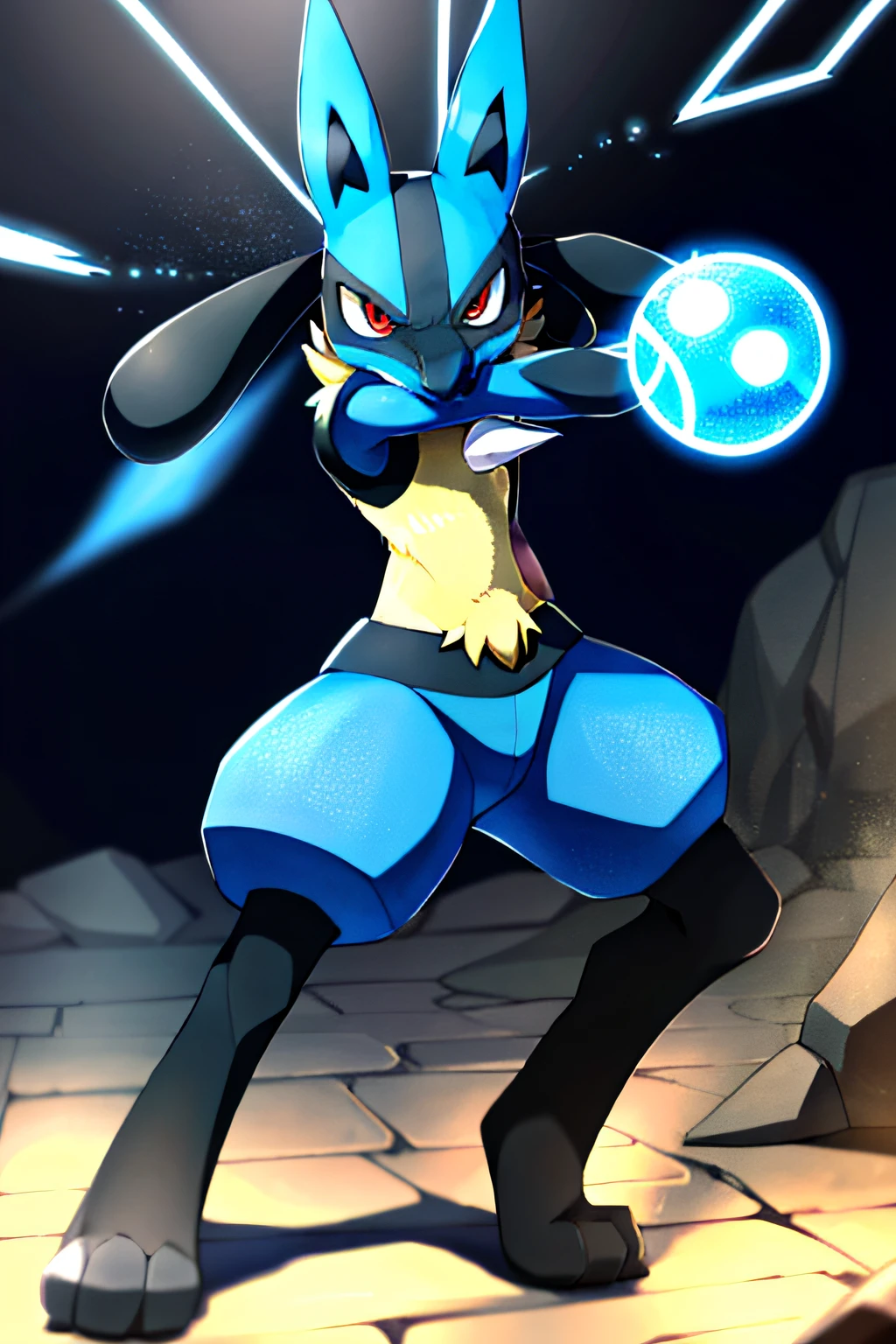 lucario, red eyes,  attack stance, casting a blue energy ball, detailed, professional lights, spikes, anime, centered, outside, cave,  blue fur, wolf, medium muzzle, ((sparks around body))