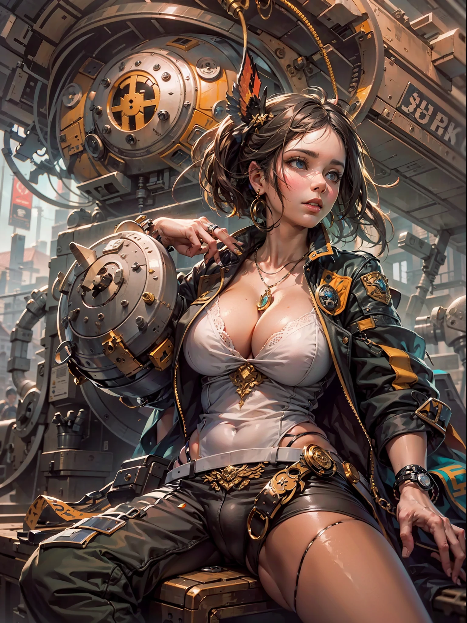 suggestive pose, random hair color, random eye color, tenebrism art style painting,oil on canvas,(((gigantic large natural sagging bosoms,very marked cameltoe))),steampunk airship background landscape,full steampunk clothes intricade detail, WLOP, sakimichan,Greg rutkowski, Alfonse mucha, makoto shinkai, stanley artgem lau, rossdraws, hyperrealistic,trending on Artstation, Unreal Engine 5, 8k,concept art,digital paint, splash art, splash paint, face portrait,grunge painting, by banksy, by greg tocchini, by james gilleard, by joe fenton, by kaethe butcher, insanely detailed, symmetrical, octane render, concept art, artistic, cinematic, ultra sharp focus, highly detailed, vibrant soul, perfection