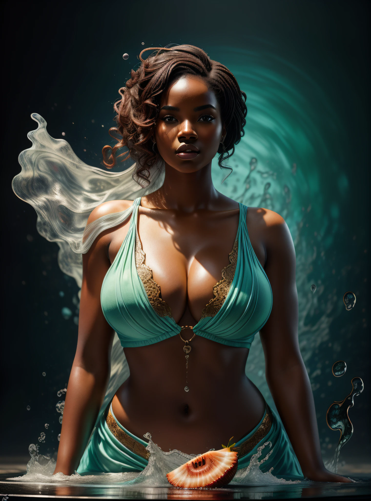 Ebony woman,(cabelo cacheado), (((com uma coroa na cabeca))) , blast, chapinhar, A cup of strawberry, cores frias e quentes, Splash, fechar para cima, Rainbow is splashing radially, Centralizado, perfect compositio, Estilo Vogue, fotografia de comida criativa, softbox, trending on art station, foco nítido, Studio photo, detalhes intrincados, altamente detalhado, Por Greg Rutkowski, capa de revista de moda, vestido cor de jade,(massive breasts, corpo atraente), retrato de corpo inteiro