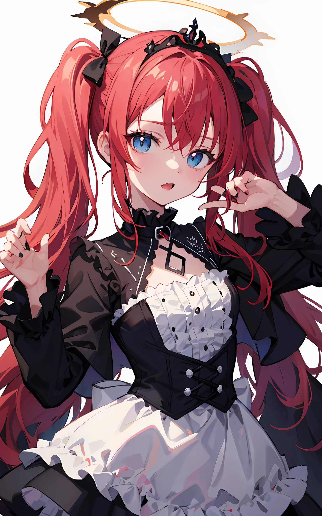 {{best quality}}, {{masterpiece}}, {{ultra-detailed}}, {illustration}, {detailed light}, Red hair, Blue eyes, twintails, Goth Lolita, Darkgoth, Collar,Crown tiara,pride,solo,loli,Long hair, halo