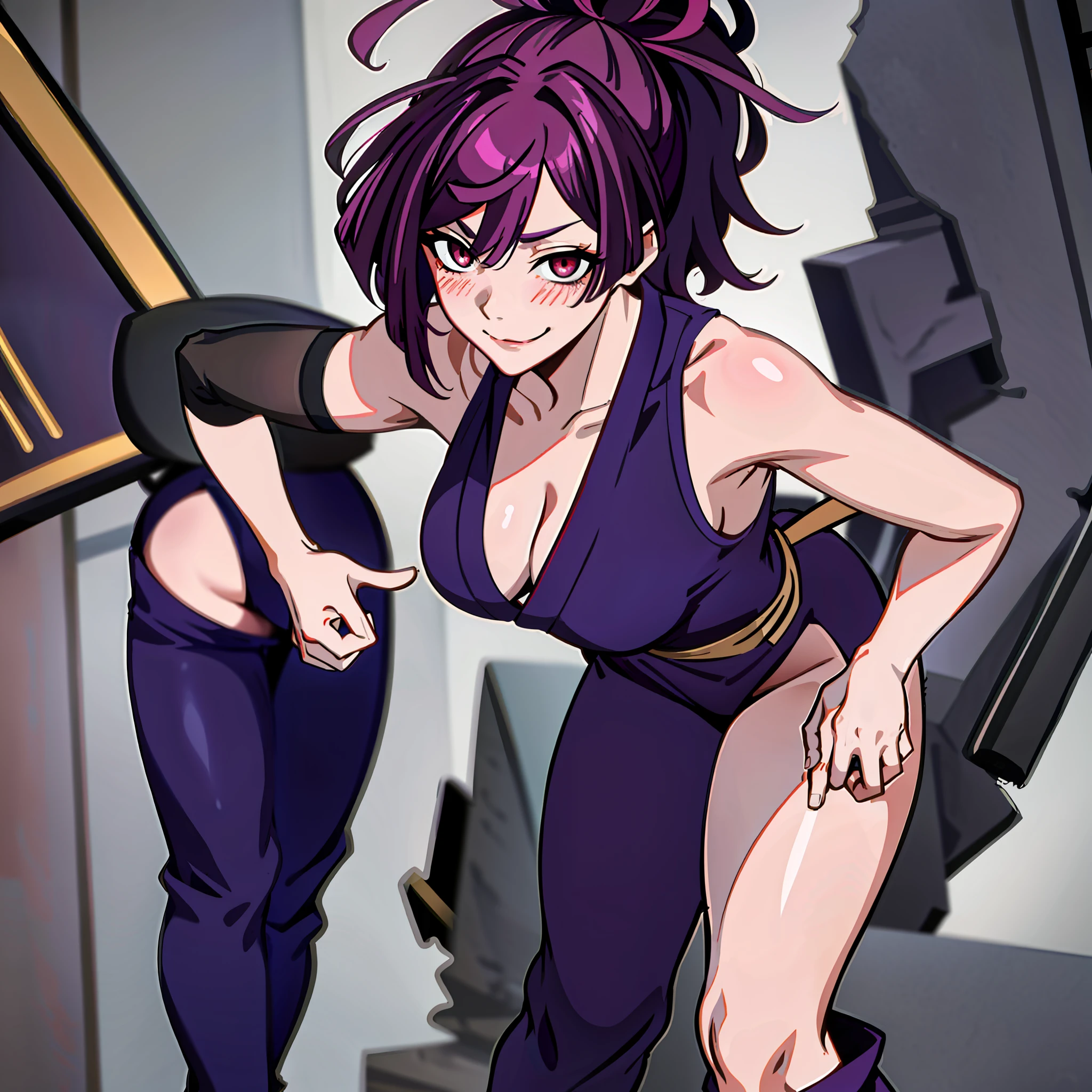 best quality, masterpiece, (bending over:1.4), 1girl, yuzuriha_(Jigokuraku), purple hair, brown eyes, ninja, revealing clothes, décolleté, Big breasts, wet skin, on the chest, top knot, medium hair, chest apart, seductive smile, pants, undress, (blush: 1.1), temple, close up face, prospective from behind, perfect booty