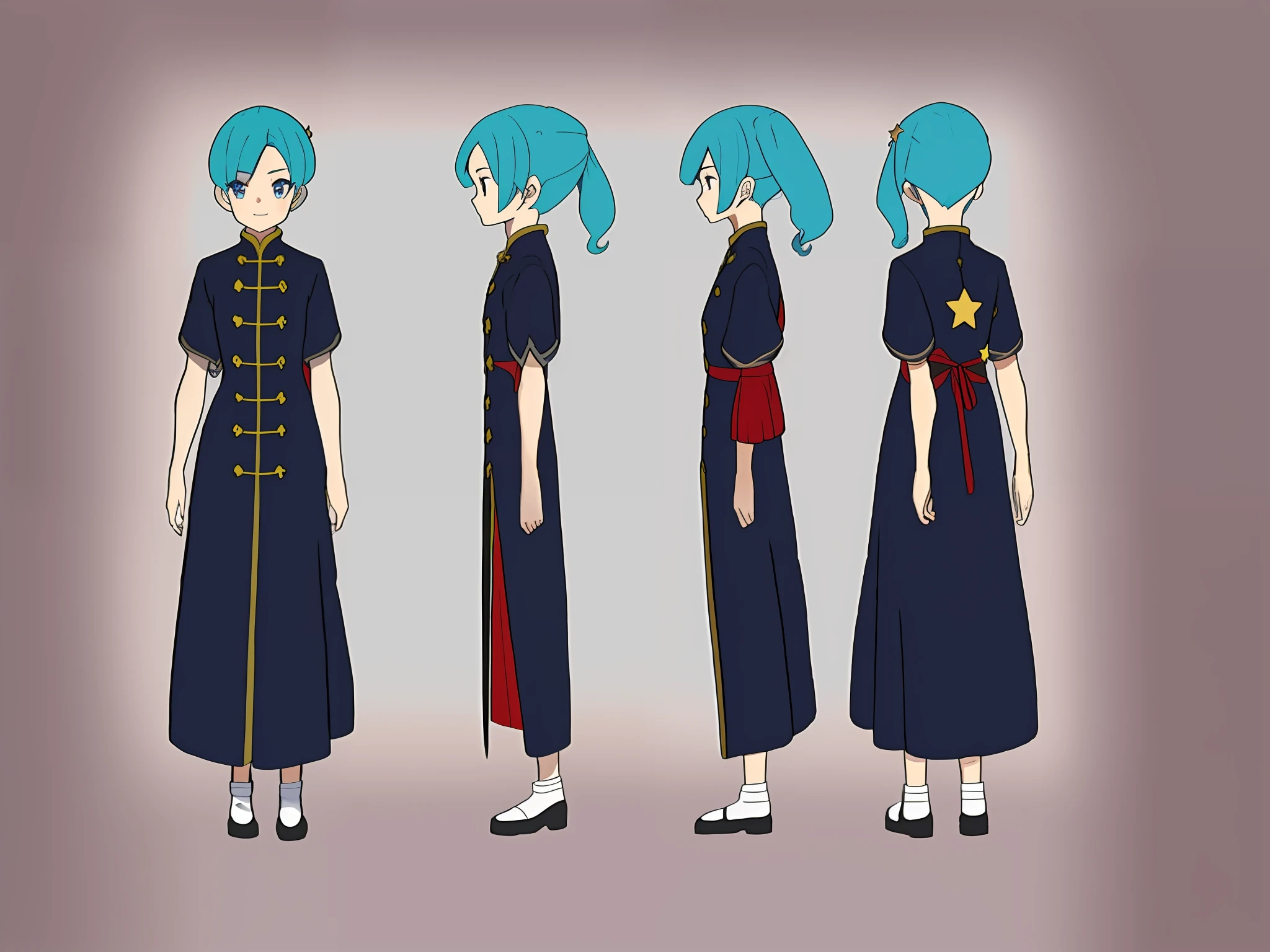 ((masterpiece)),(((best quality))),(character design sheet, same character, front, side, back), illustration, 1 girl, hair color, bangs, hairstyle fax, eyes, environment change scene, Hairstyle Fax, Pose Zitai, Female, Shirt Shangyi, Star, Charturnbetalora, (simple background, white background: 1.3)