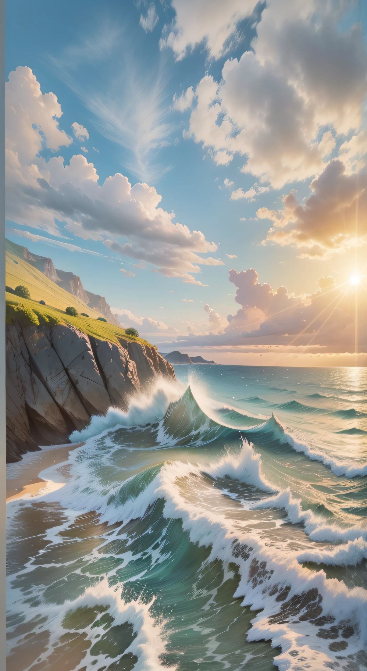 summer day，swell sea，Heat waves，Cool，rays of sunshine，A road stretches from a distance，The hill on the left recedes