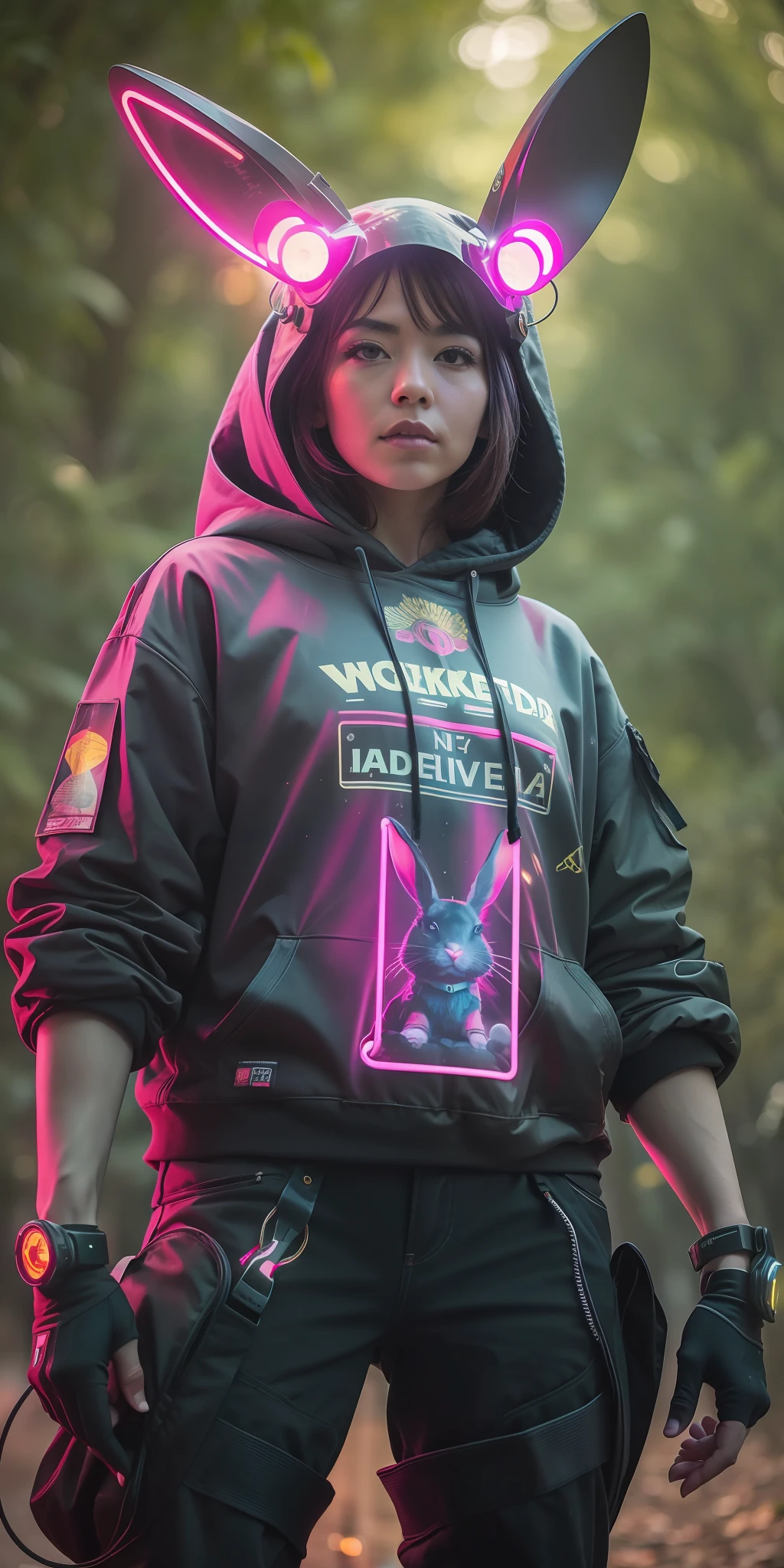 (MASTERPIECE) Absurdity, RAW, Insta photo, mid-shot, high-resolution photography: A wonderland cyberpunk citizen, Alice in Wonderland, wearing a comfortable plastic oversize hoodie and vinyl cargo pants, cyborg helmet with Long Rabbit Ears trimmed with neon in a hitech style, standing in front of an artificial tree with neon around an invisible portal and activity in the tree leaves. The image should be moody and atmospheric, with light and shadow creating a cinematic, action movie feel. Using tools like Adobe Lightroom and Photoshop, the image should be a high-resolution photograph, featured on Instagram Explore and National Geographic.