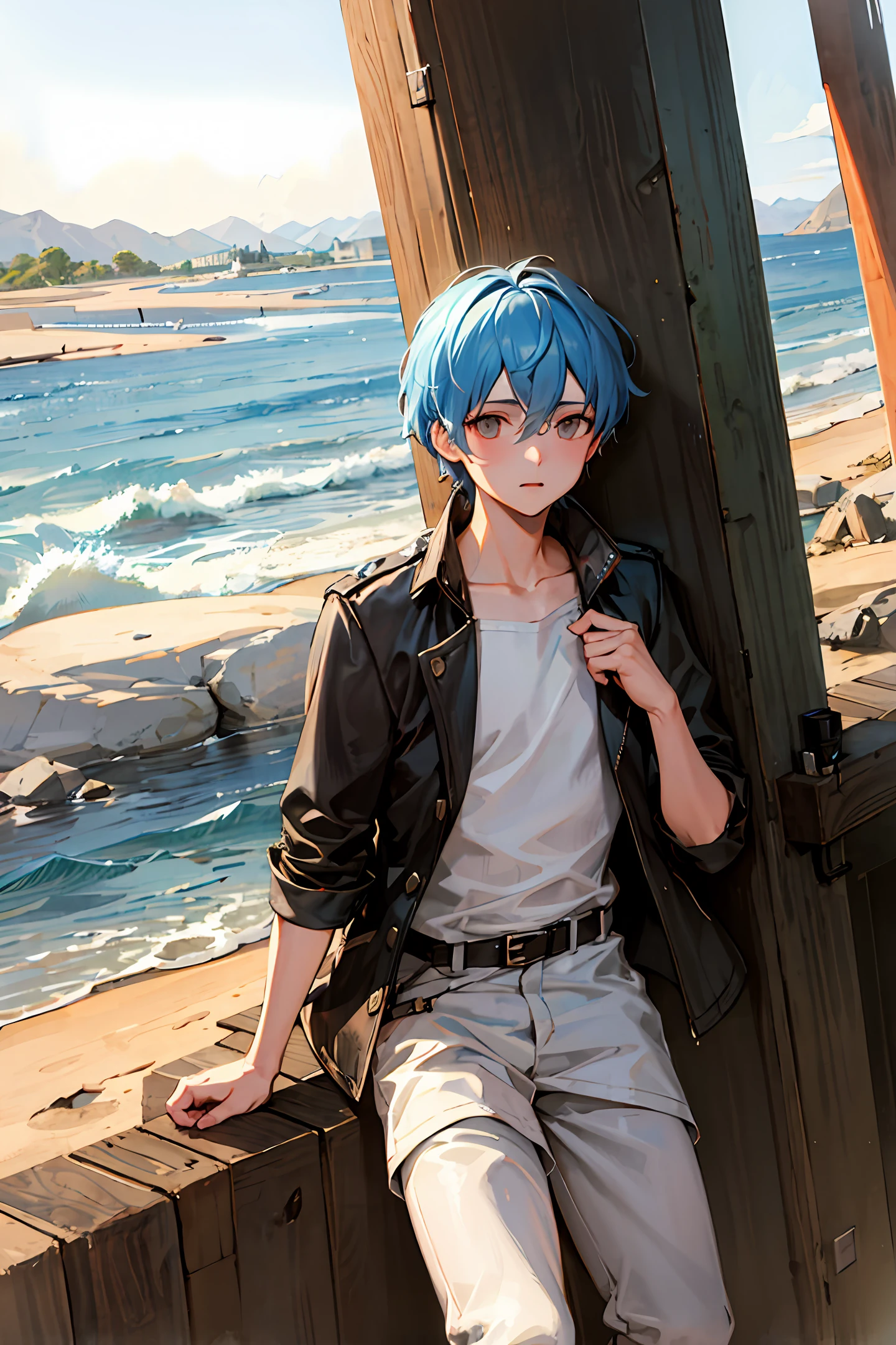A boy with green hair sitting by the sea
