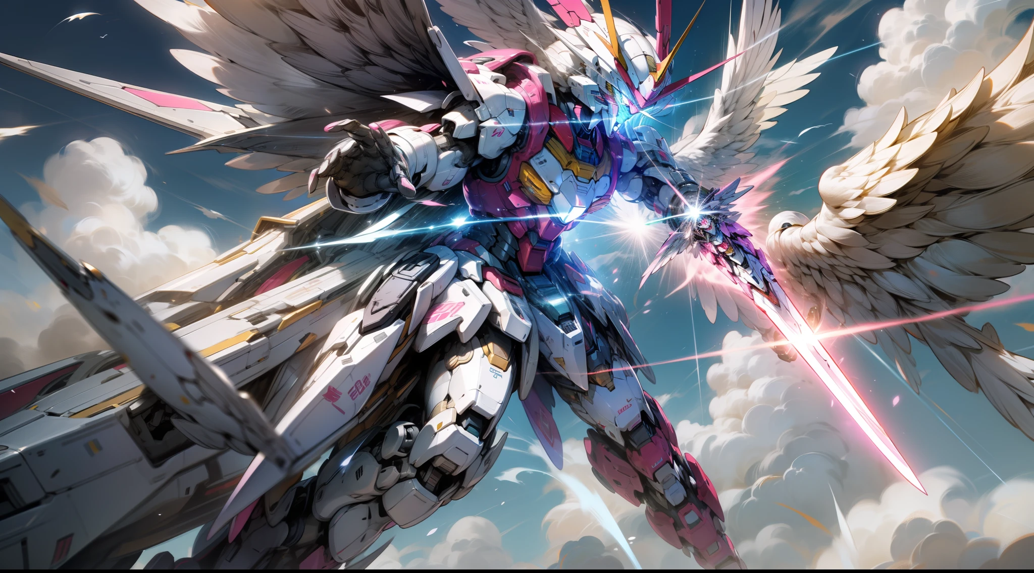 "Gundam robots with pink and silver armor and wings, soaring through the sky amidst fluffy clouds, basking in warm sunlight, striking a dynamic battle posture, wielding a gleaming light sword, realistic, ultra detailed, highres"