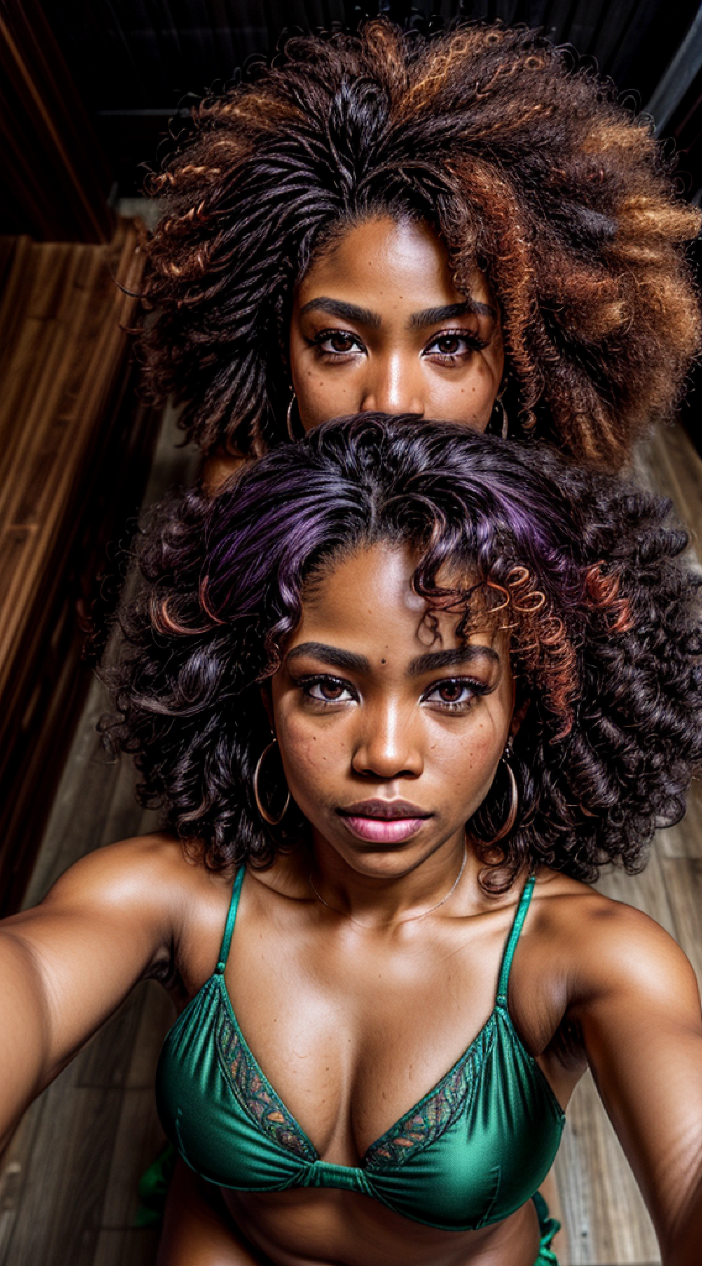 (selfie shot, from above:1.5), (half body portrait:1.4), (from behind:1.05), RAW uhd portrait photo of a 21-year-old brazilian ebony woman, sunburnt ebony skin, (red, purple, orange and green) bikini, (extreme long light afro curly hair), jade eyes, fluffy turned, ((big cheeks)), natural breasts_b, nighttime city background, (cleavage), detailed (textures!, hair!, shine, color!!, imperfections:1.1), highly detailed glossy eyes, (looking at the camera), specular lighting, dslr, ultra quality, sharp focus, tack sharp, dof, film grain, (centered), Fujifilm XT3, crystal clear, center of frame, flawless face, cute face, chubby face, sharp focus, beach sand, ocean drive, pier, bokeh, (dimly lit), low key, at night, (night sky)  detailed skin pores, oiled skin, tan, intricate eye detail