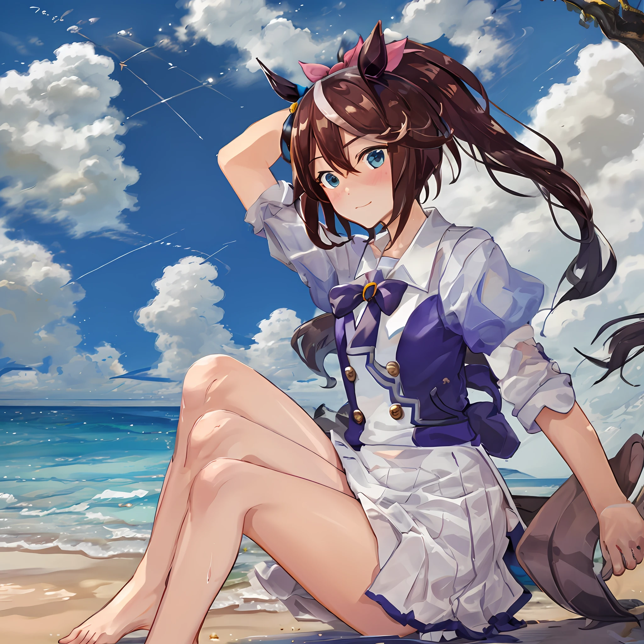 Childlike face，Superskirt，Get wet，brunette color hair，dual horsetail，beachside，long leges