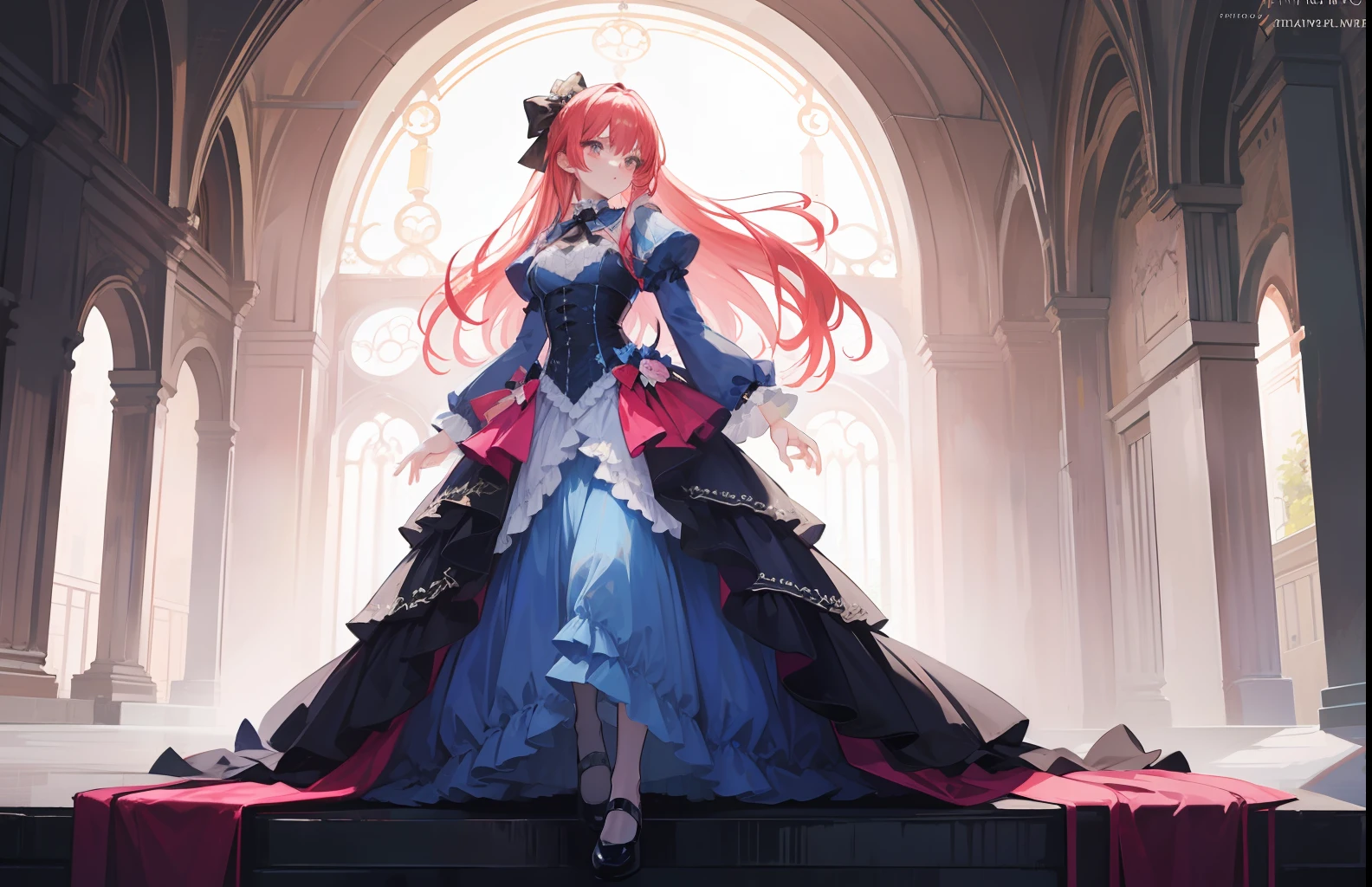Best Quality, masutepiece, best definition, The artwork, super detailed, Many details, Details, Detailed, Woman, 20 years, Full body, Full body, ballgown, super detailed dress, long-one-piece dress, dress with many ruffles, dress with many bows, pink bows, victorian dress, detailed victorian dress, victorian dress with bows, Pink, frilld, many ruffles, Very bulky dress, Light blue dress, dress with ruffles, the bow, Many bows, Woman, Full body, Red hair.