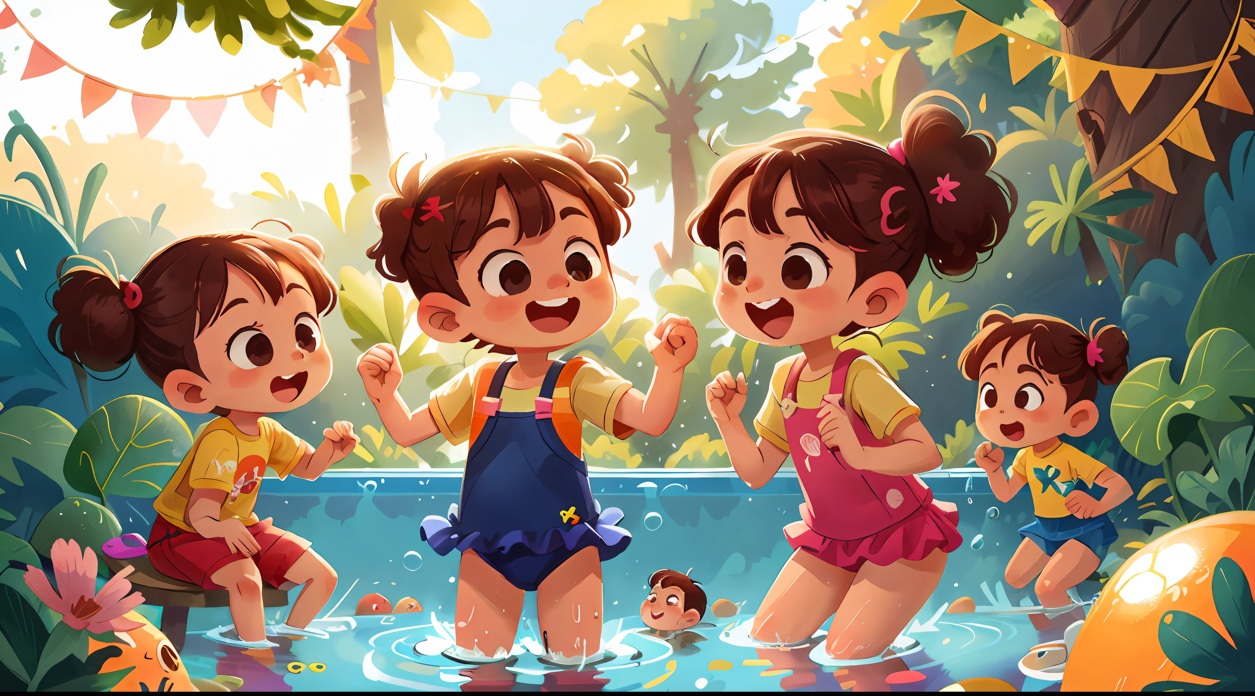Several small children playing in the pool in swimsuits,large pool,cheerfulness,Rejoice,Perfect quality,Clear focus,(tmasterpiece:1.2) (realisticlying:1.2) (Bokeh) (best qualtiy) (detailedskin:1.3) (complexdetails) (8K) (detailedeyes) (Sharp focus),(having fun)