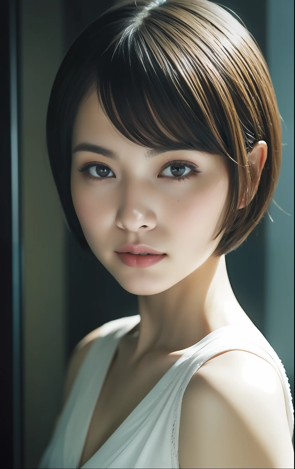 "Cute Japan woman in short cut working in glass atelier"Photorealsitic,Beautiful detailed eyes,Hyper-Realism,highcontrast,Ultra HD, realistic skin textures,Top image quality,top-quality,超A high resolution,Fine details,Very meticulously
