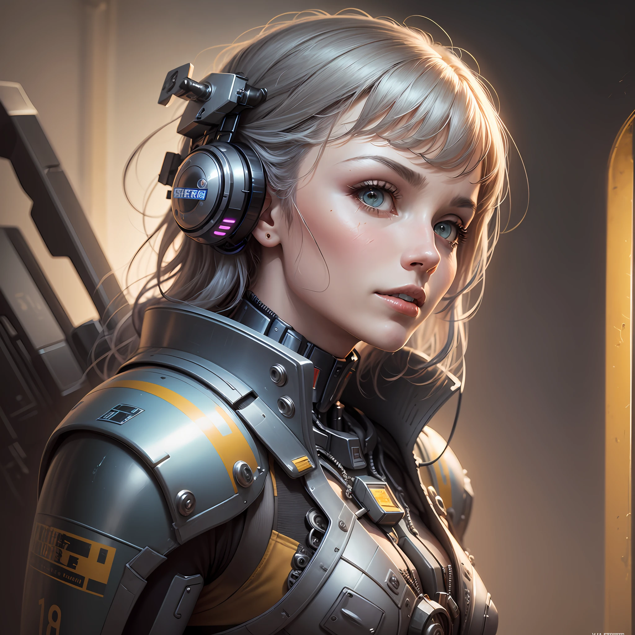 Cybernetic Engineer Starship Pilot wearing Mecha Armor, Alan Lee and H. R. Giger and Johannes Vermeer and Bastien Lecouffe - Deharme, hyperrealism, surrealism, vibrant interplay of light and shadow —ar 9:16 —c 11 —s 333 --auto --s2