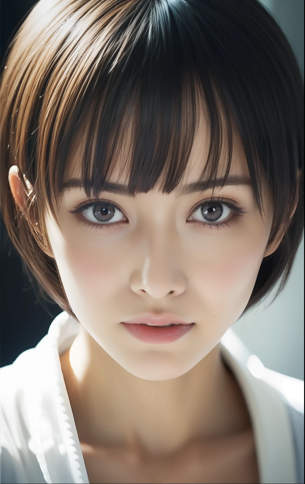 "Cute Japan woman in short cut working in glass atelier"Photorealsitic,Beautiful detailed eyes,Hyper-Realism,highcontrast,Ultra HD, realistic skin textures,Top image quality,top-quality,超A high resolution,Fine details,Very meticulously