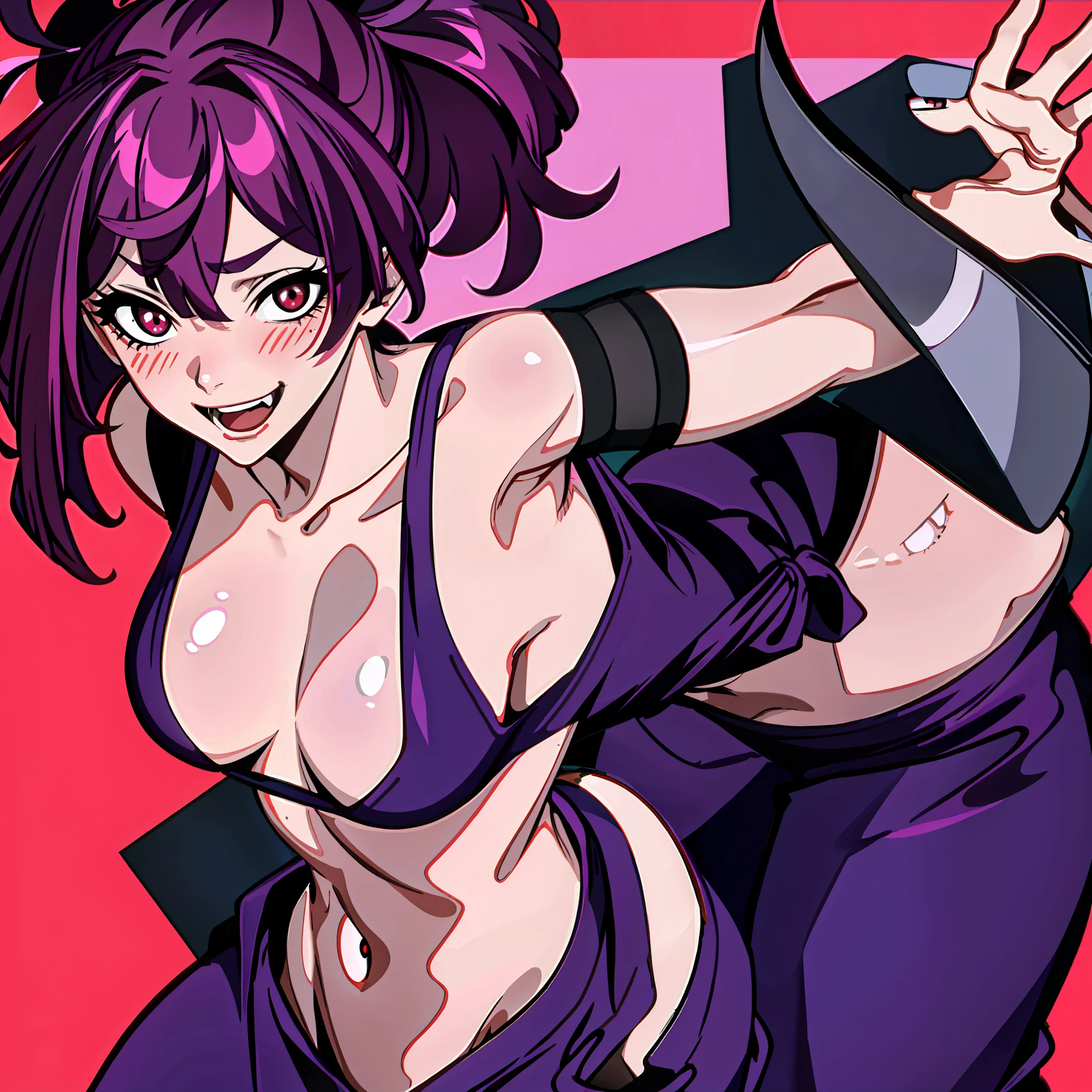 best quality, masterpiece, (dog position:1.4), 1girl, yuzuriha_(Jigokuraku), purple hair, brown eyes, ninja, revealing clothes, décolleté, Big breasts, wet skin, on the chest, top knot, medium hair, chest apart, seductive smile, pants, undress, (blush: 1.1), temple, close up face, prospective from behind, perfect booty