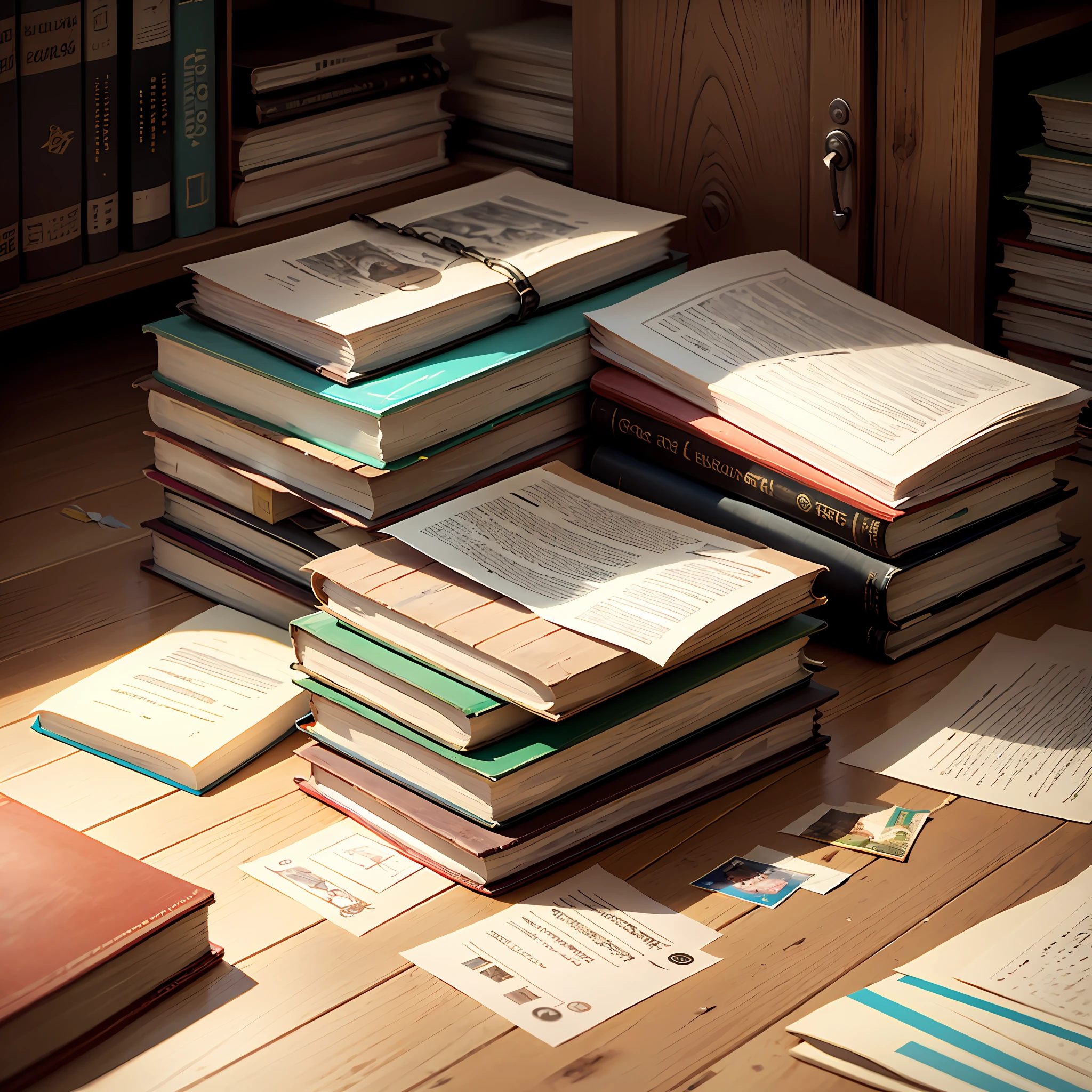 Foto, Escola, corredor escuro, armarios, Books and papers thrown on the floor, --auto