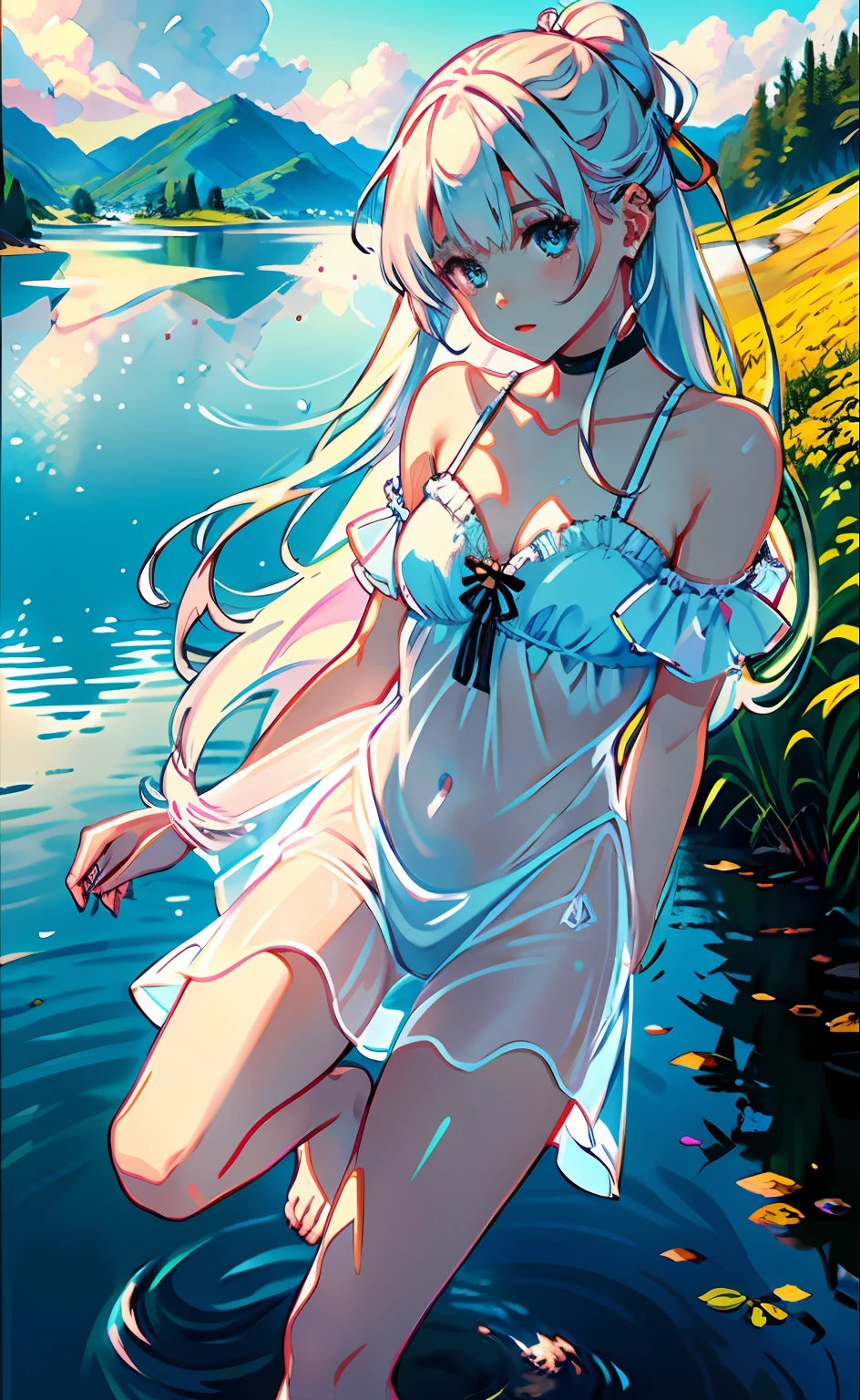 1 girl in、jumpping、mesmerizing eyes、Straight long hair、bouncing hair、Porcelain Skin、subtle blush、Warm tones、Solar flares、Soft shadows、vivd colour、Image Effects、dreamy ambiance、break、Scenic lake、mountain in the distance々、willow trees、calm water、Reflectors、sunlit clouds、peaceful ambiance、idyllic sunset、ultra-detailliert、Official art、unity 8k wall paper、Zentangle、