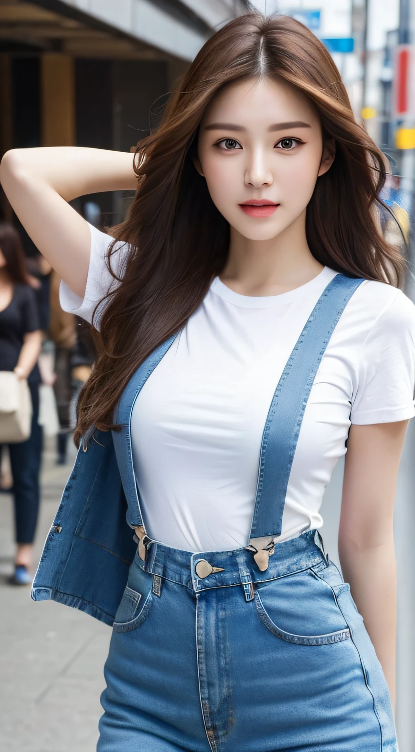 (Daytime, Excellent, 8K, Masterpiece:1.3)), Full body, Long legs, Focal length: 1.2, Perfect Body Beauty: 1.4, Slim Abs: 1.1, ((Dark Brown Hair, Big Breasts: 1.2 )), (White Skinny T-shirt, Denim Suspenders, Standing: 1.2), ((City, Blue Sky and White Clouds: 1.3)), Highly detailed face and skin texture, Detailed eyes, Double eyelids, Flying long hair