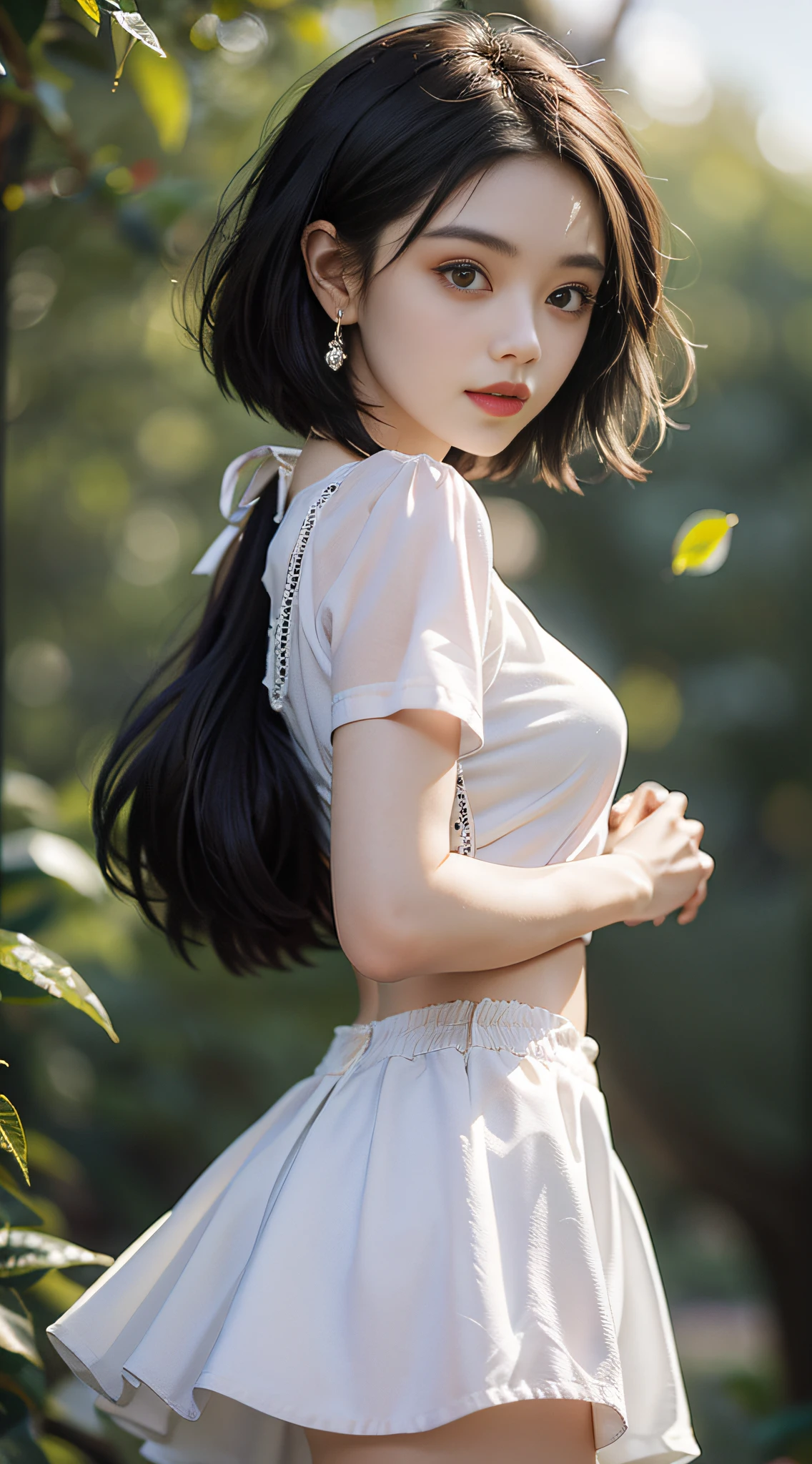 1 girlirl,cowboy lens,(green leaf,Green vision:1.2),(soft focus:1.5)foreground,(Bokeh fills the foreground:1.2),shallowdepthoffield,Subtle blurring,Subtle transitions,Depth and atmosphere,tmasterpiece,hyper realisitc,32K,Extremely detailed CG unified 8K wallpaper,Best quality rest 1 girl,whaite hair,Short hair break 1 girl,(Pokemon short top),BREAK 1 girl(whiteskirt:1.2)