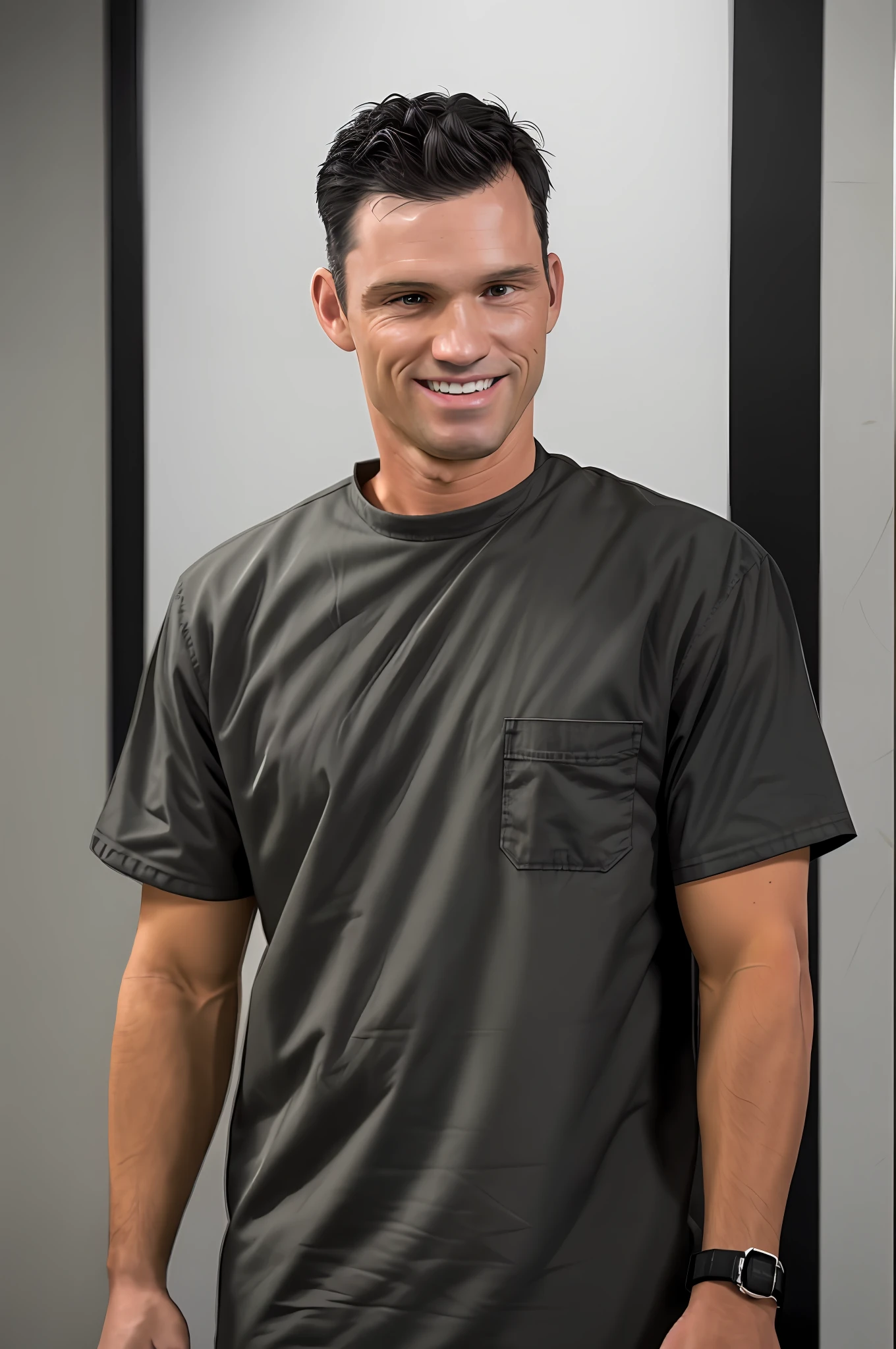 a man combed back black hair, orange prison uniform, upper body, close up, RAW, 8K, UHD, highly detailed face, candid, amateur, [smiling], prisoners in the background