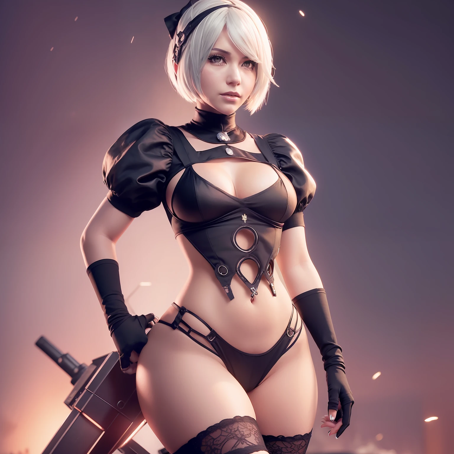 (((2b of Nier the automata ))) (((pecho grande))) cuerpo perfecto, pose caliente,Retrato de cuerpo entero ,Como estilo de renderizado de motor irreal, esthetic, Sorprendentemente hermoso momento sincero,(((una chica full))) body vintage aesthetic, cuerpo completo,en el fondo se ven robots destruidos ,35mm film feel, 16k, lumen –ar 9:16 –v 5.1 –q 2 –c 6 –raw ,Big style, muslos torneados usa su ropa ajustada