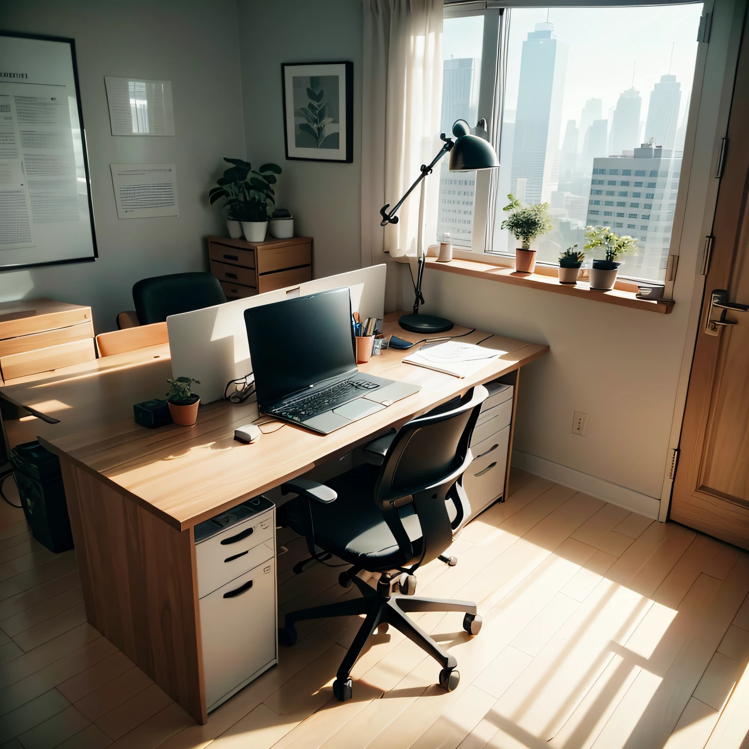 Minimalist office,Scenes with great realism,The office has a desk,There was a laptop on the table,There is an office chair next to it,The office chair is facing the computer,The computer is on the left,The chair is on the right --auto