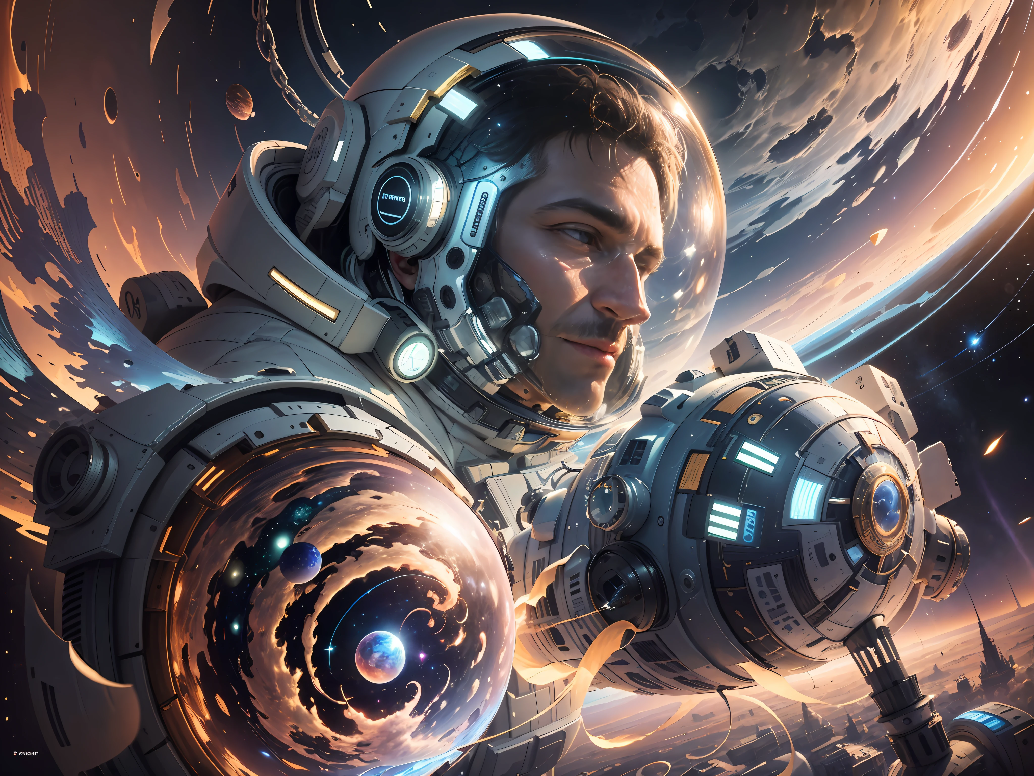 ((Masterpiece)), (Best Quality)), 8K, high detail, hyper-detail, the painting depicts a scene of breathtaking magnificent spatial images. The picture shows a man wearing a spacesuit, facing back, looking at another glowing planet in space. The scenes are extremely detailed and the clarity is extraordinary, capturing every intricate detail of the panorama.