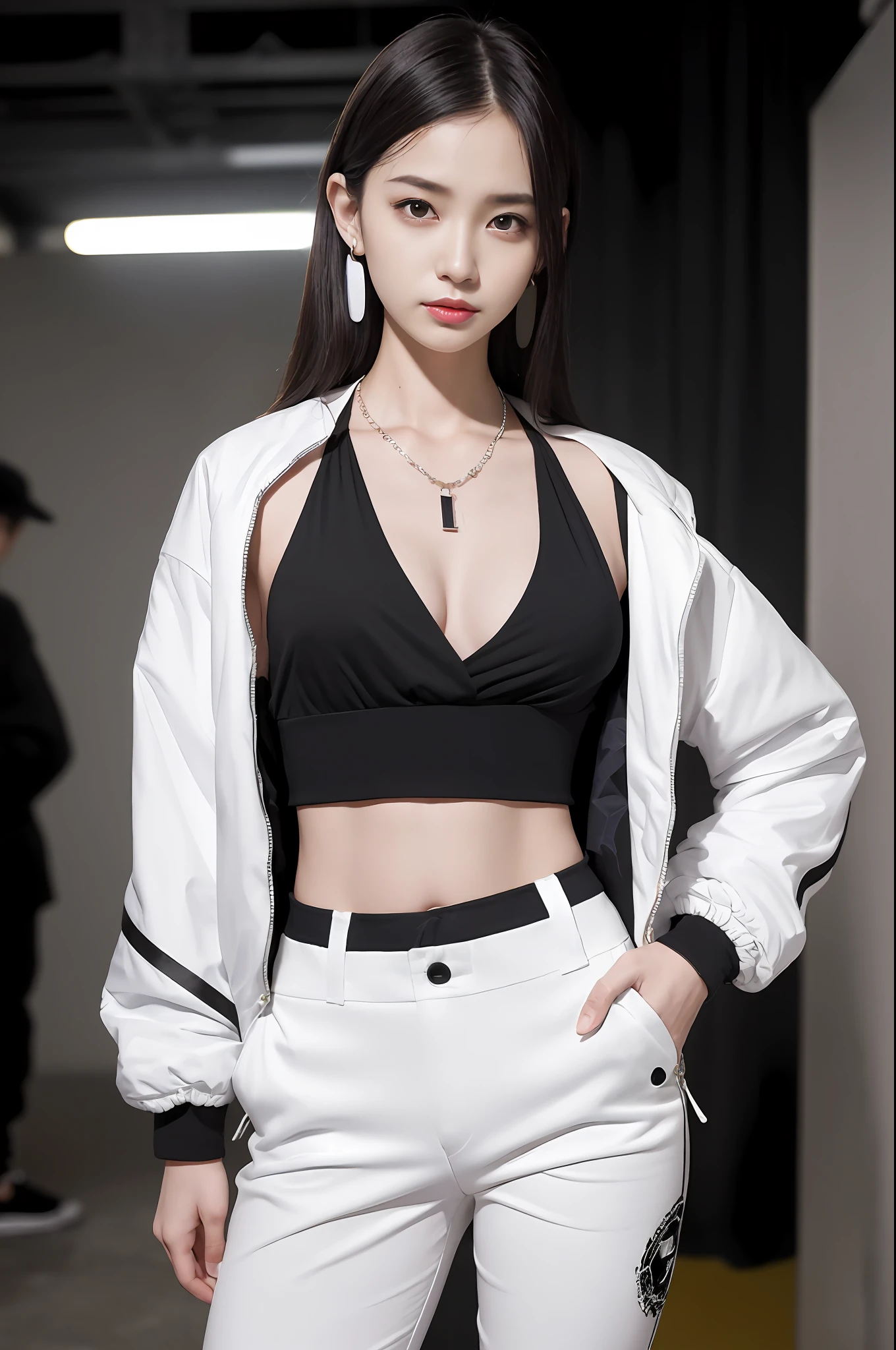 (masutepiece:1.2, of the highest quality), (photos realistic), ticker, intricate details, (detailed face), (detailed eyes), 1 girl, solo, (pretty cute sexy Japanese girl), 20 years old, Full Body Photo, (8k background), (Full Body Esbian:1.2), Look at camera, slender body, Slim body, long legs, shiny skin, pale skin, beautiful face, beautiful eyes, realistic skin, various hair styles, (smile), (backstage), out of focus background, (streetwear jacket print, keyhole back halter top, elastic waist cotton pants), earrings, Various necklaces, (hands in pockets), (bracelets), (slutty outfits),Ticker, Intricate details, (Detailed face), (Detailed eyes), 1 girl, Solo, ((Pretty cute sexy Japan girl)), 20 years old, (((Full body photo))), (8k background), (Full body photo:1.2), looking in camera, Slender body, Slim body, Long legs, Shiny skin, pale skin, Beautiful face, Beautiful eyes, Realistic skin, Various hair styles, (Smile), (Runway and hangar background), Out-of-focus background, (Streetwear Jacket Print, Keyhole Backhalter Top, Elastic waist cotton pants), earrings, appearance々Necklaces, (Hands in pockets), (Bracelets), (Naughty costumes),Dance Studio、