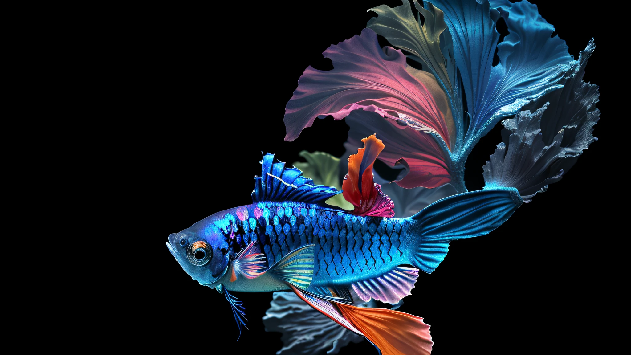 Close up of fish on black background, a betta fish, Colorful fish, High quality wallpaper, Fish swimming, Wallpaper 4k, wallpaper 4 k, high-quality wallpaper, exotic fish, Colorful hyperrealism, artsation 4 k, fish swimming around, amoled wallpaper, digital art animal photo, Surrealism with bright colors, high quality desktop wallpaper